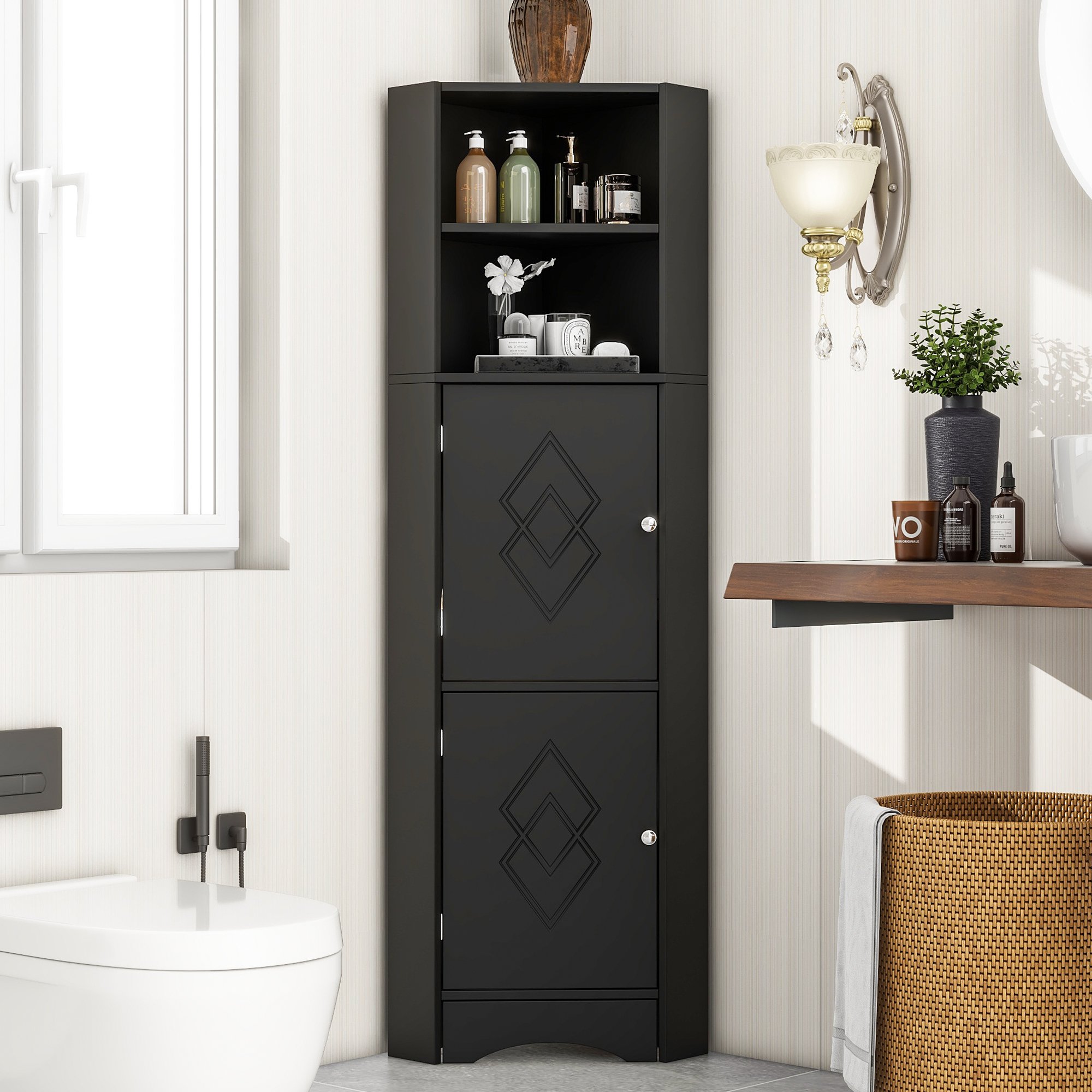 Eck-Badschrank mit zwei Ablagefächern, verstellbarem Einlegeboden, wasserdicht und feuchtigkeitsresistent, 36,5×36,5×155 cm, Schwarz