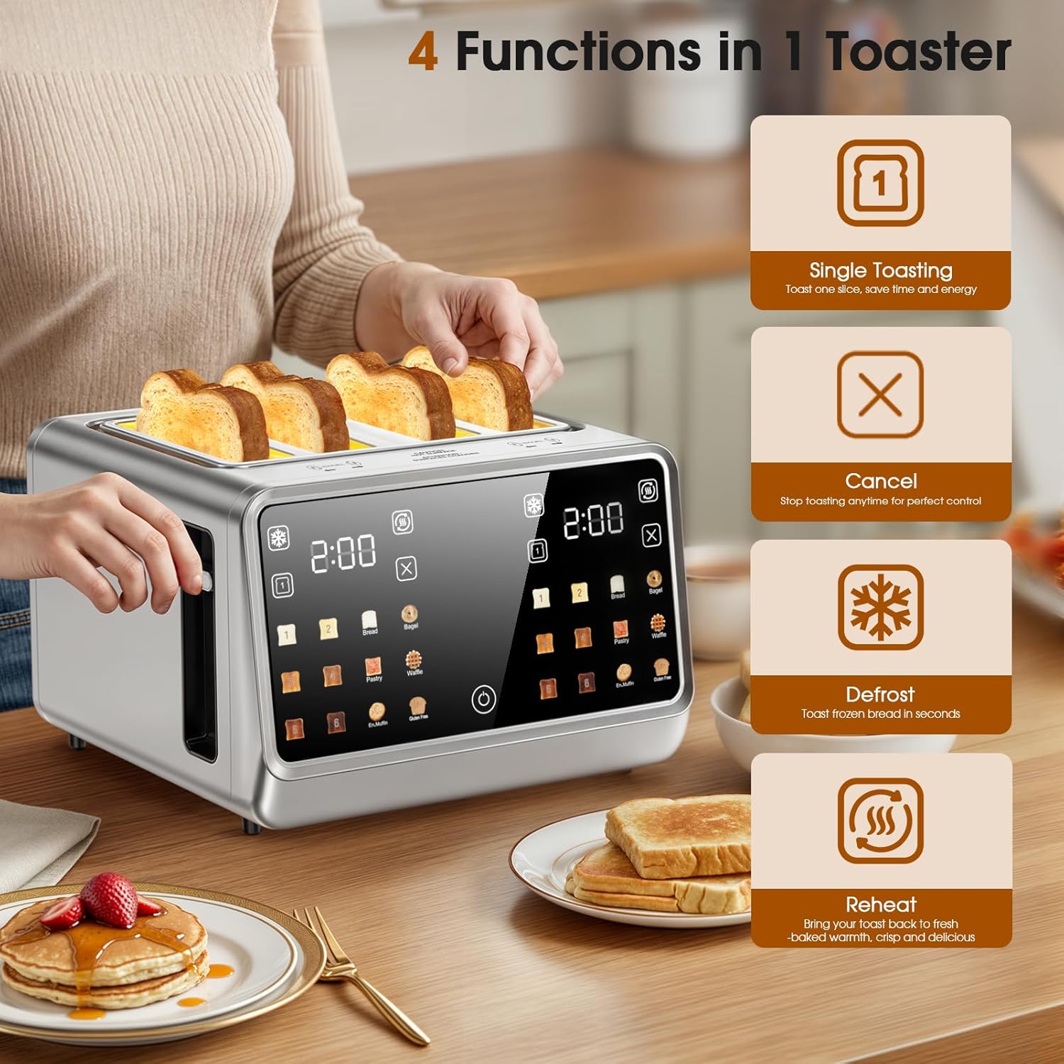 Toaster 4 Slice, Digital Smart Dual Control Touchscreen, Stainless Steel, TAC1001-UL