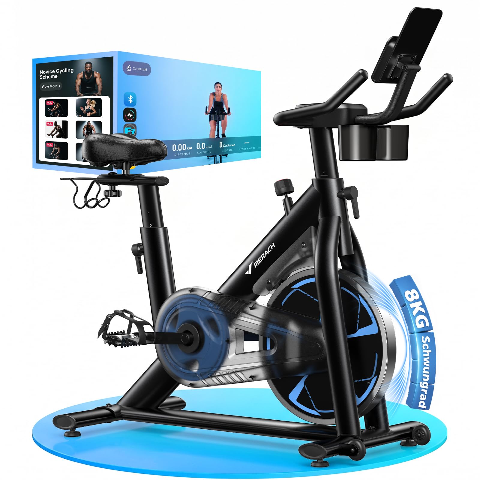 MERACH PRO Heimtrainer Fahrrad 8 kg Schwungrad leise Magnetbremse H Rahmen Luftkissensattel App bis 150 kg