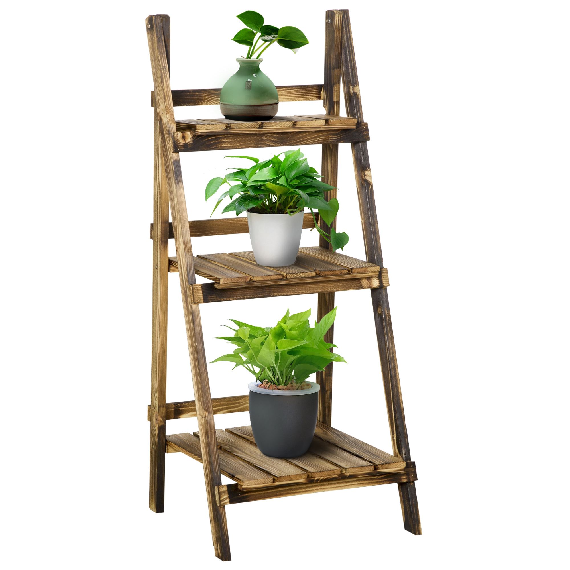 Outsunny 3-Etagen Pflanzenständer, klappbarer 93 cm hoch Blumenständer für Innen Außen, Pflanzenregal aus Holz, Blumentopfständer mit Tabletts, Blumentreppe für Wohnzimmer, Garten Balkon, Dunkelbraun
