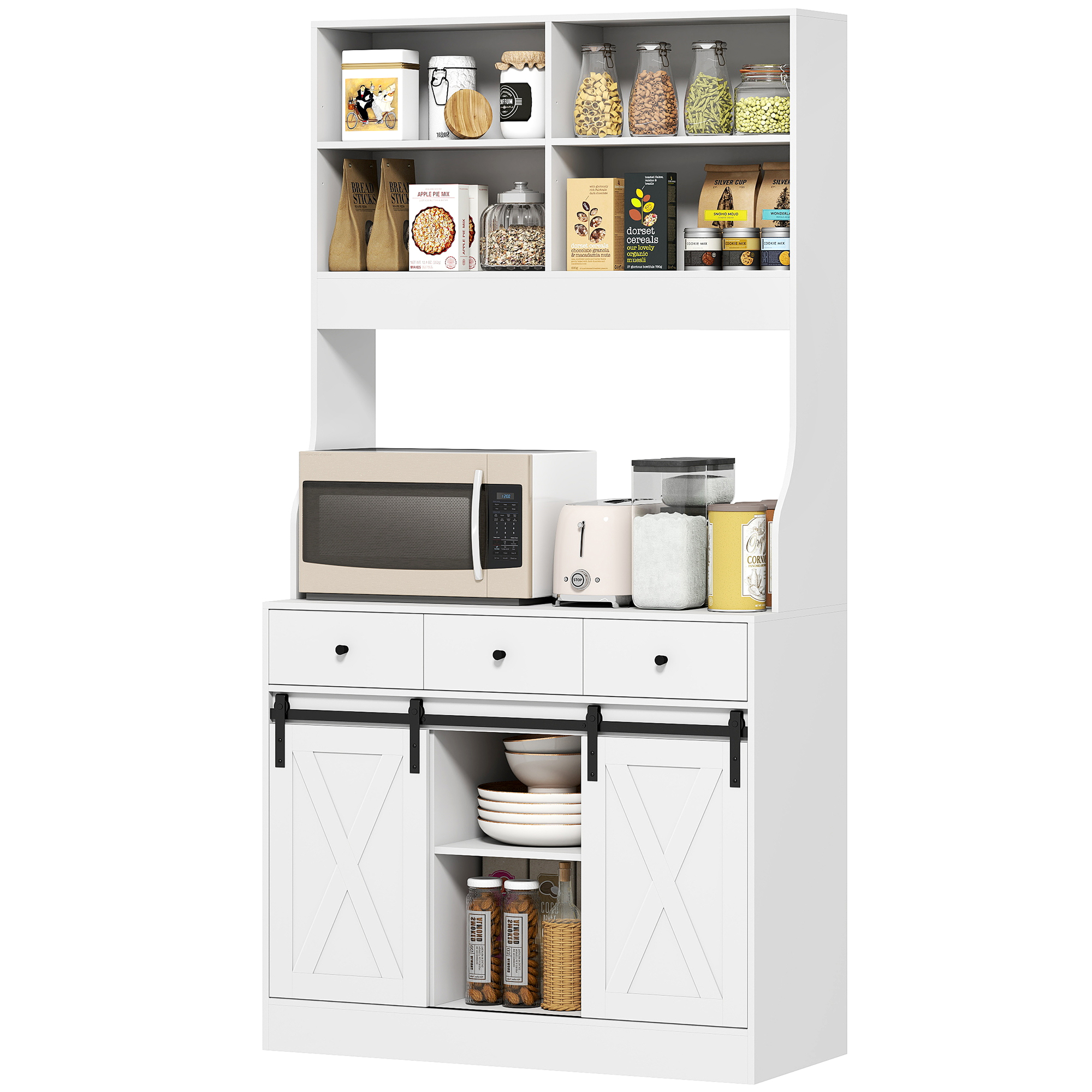 HOMCOM Küchenschrank mit Regalen, Schränken, Schubladen und Ablagefläche, Bauernhaus-Flair, verstellbare Regale, Holz, Weiß