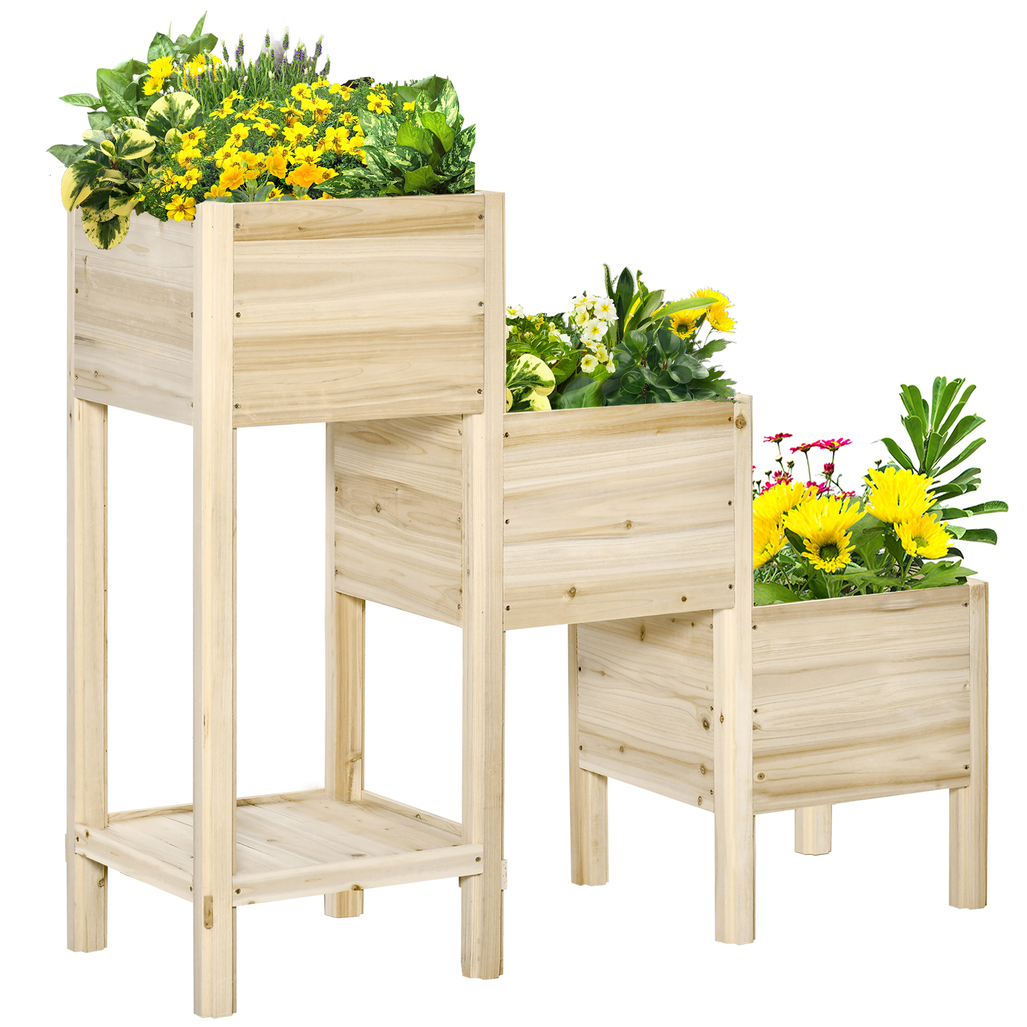 Outsunny Hochbeet 3 Etagen aus Holz mit Ablageboden & 3 Entwässerungslöchern für Garten Balkon Natur 125 x 45 x 108 cm