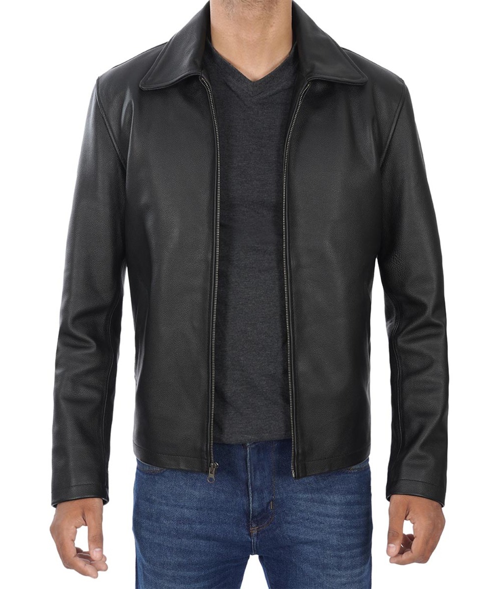 Mens Shirt Collar Black Leather Jacket