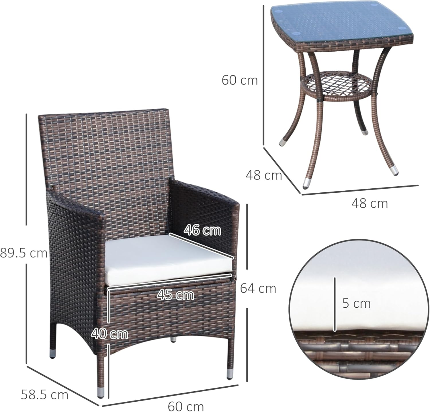 Outsunny Rattan Garden Furniture Set 3-Piece Garden Furniture Set with 2 Chairs with Cushions Brown