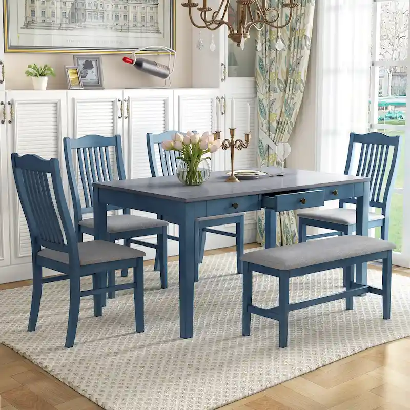 6-Piece Wooden Dining Table Set with 4 Chairs & Bench, Table with Drawer