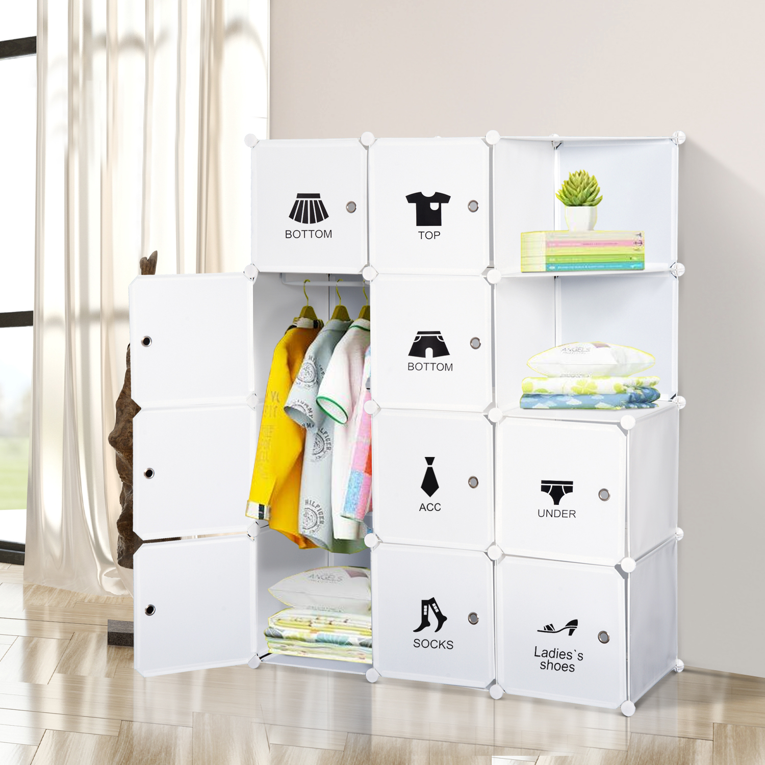 HOMCOM Modularer Kleiderschrank mit mehreren Cubes 10 Cubes + 2 Regale + Dekorative Aufkleber 111L x 47B x 145H cm Weiß aus Kunststoff