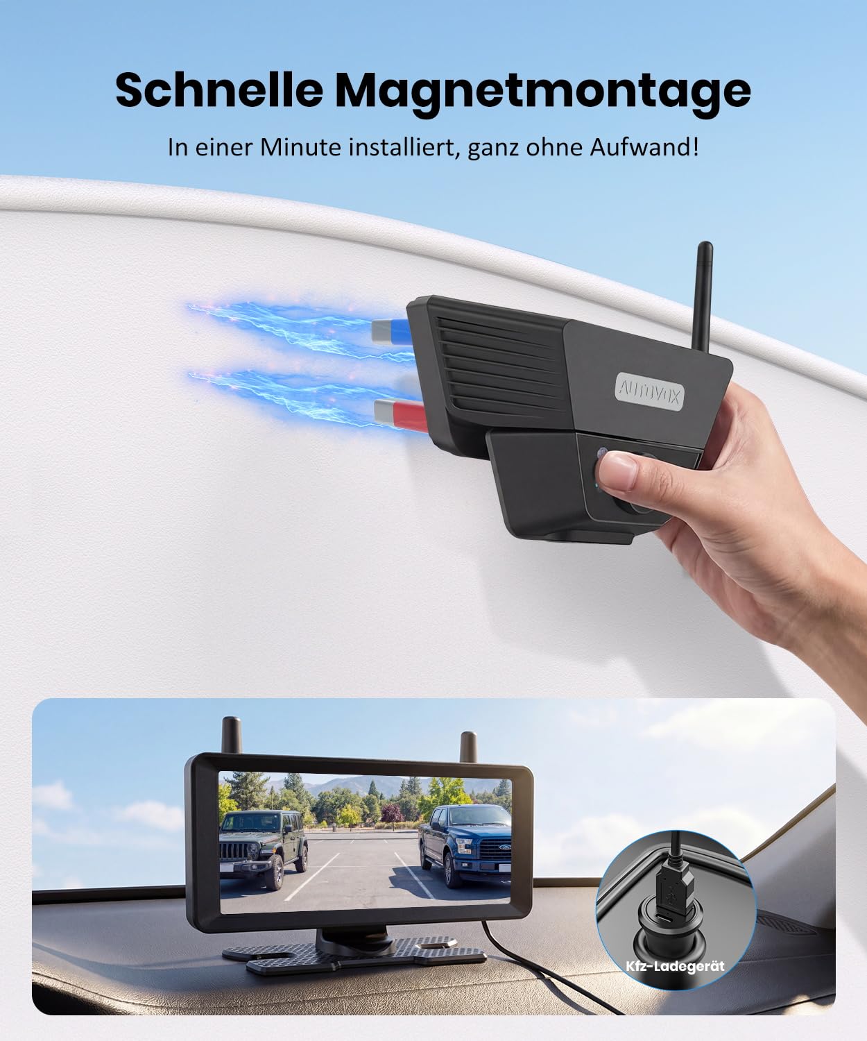 Kabellose Solar-Rückfahrkamera mit KI-Warnungen und 1-Min-Magnetmontage, 7,2