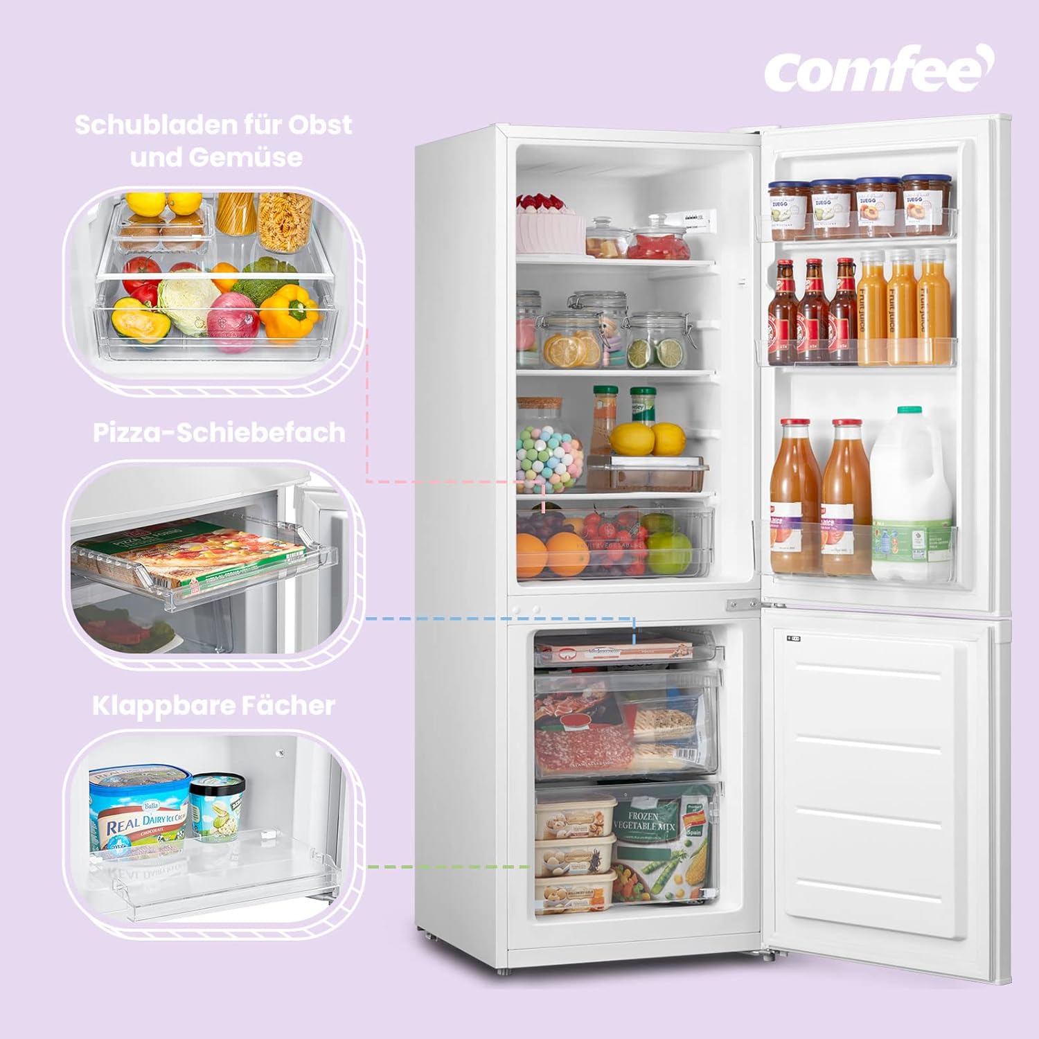 Comfee RCB169DK2(E) Fridge/Freezer Combination, 150 cm Height, Low Frost, Adjustable Fridge Temperature, LED Light, 195 kWh per Year, Fridge Capacity 115 L, 59 L Freezer, Black