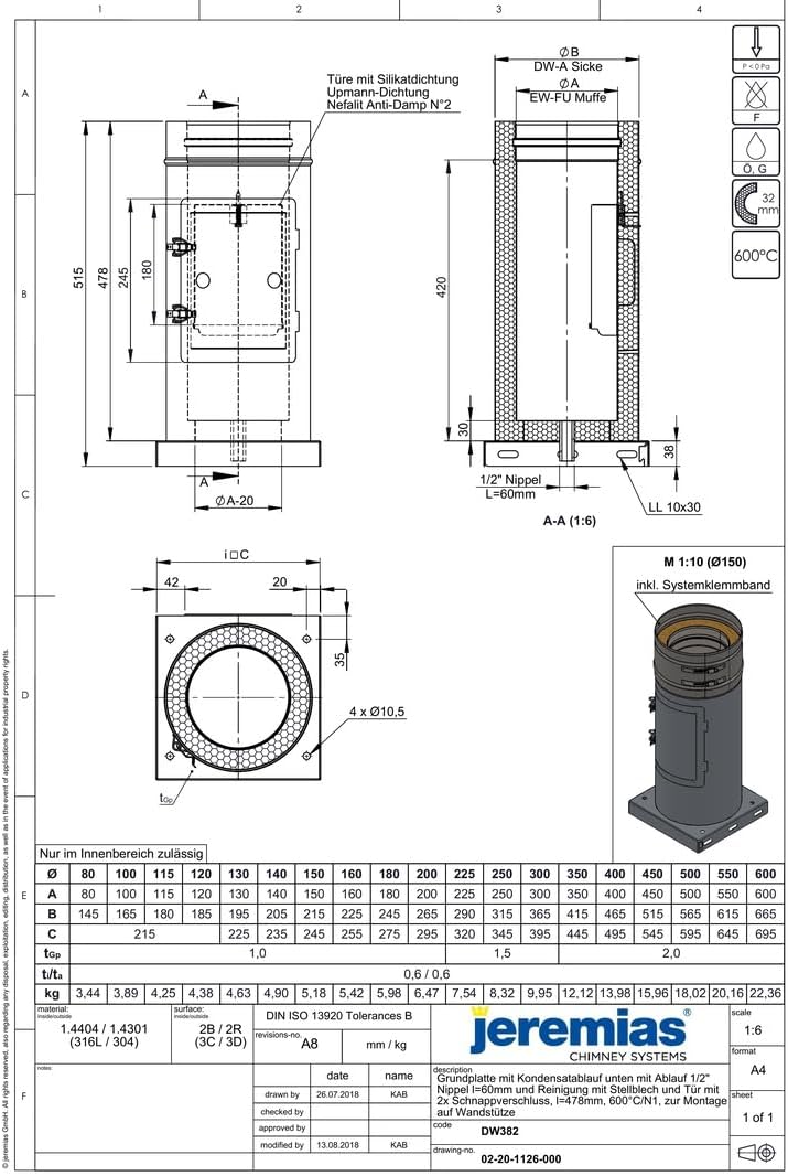 Jeremias DW-FU 150mm Revisionselement Design Plus Edelstahl mit Grundplatte und Kondensatablauf für Innenbereich bis 600°C