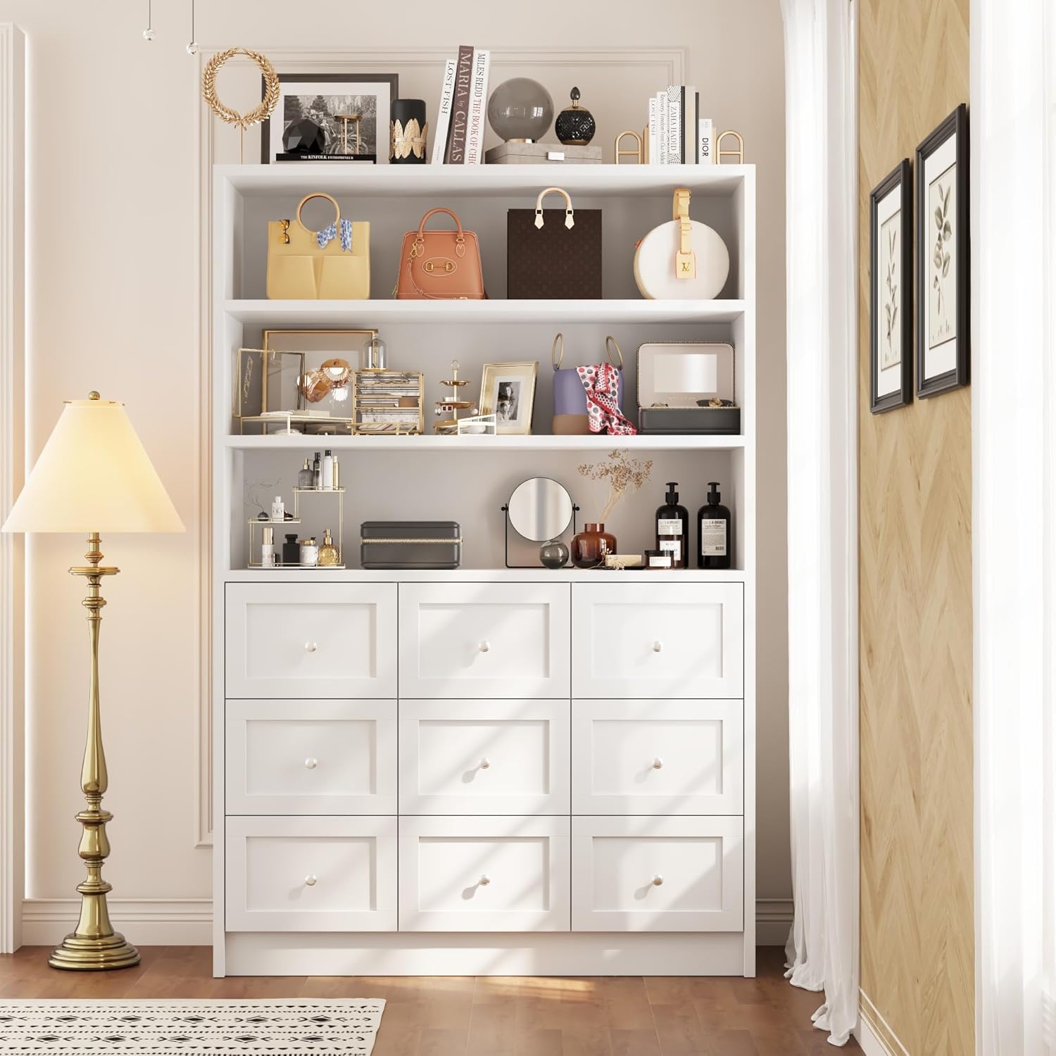 Libreria Armadietto a 9 cassetti, 3 scomparti aperti, maniglie in metallo, multifunzione, 180 x 120 x 39 cm, bianco, MDF