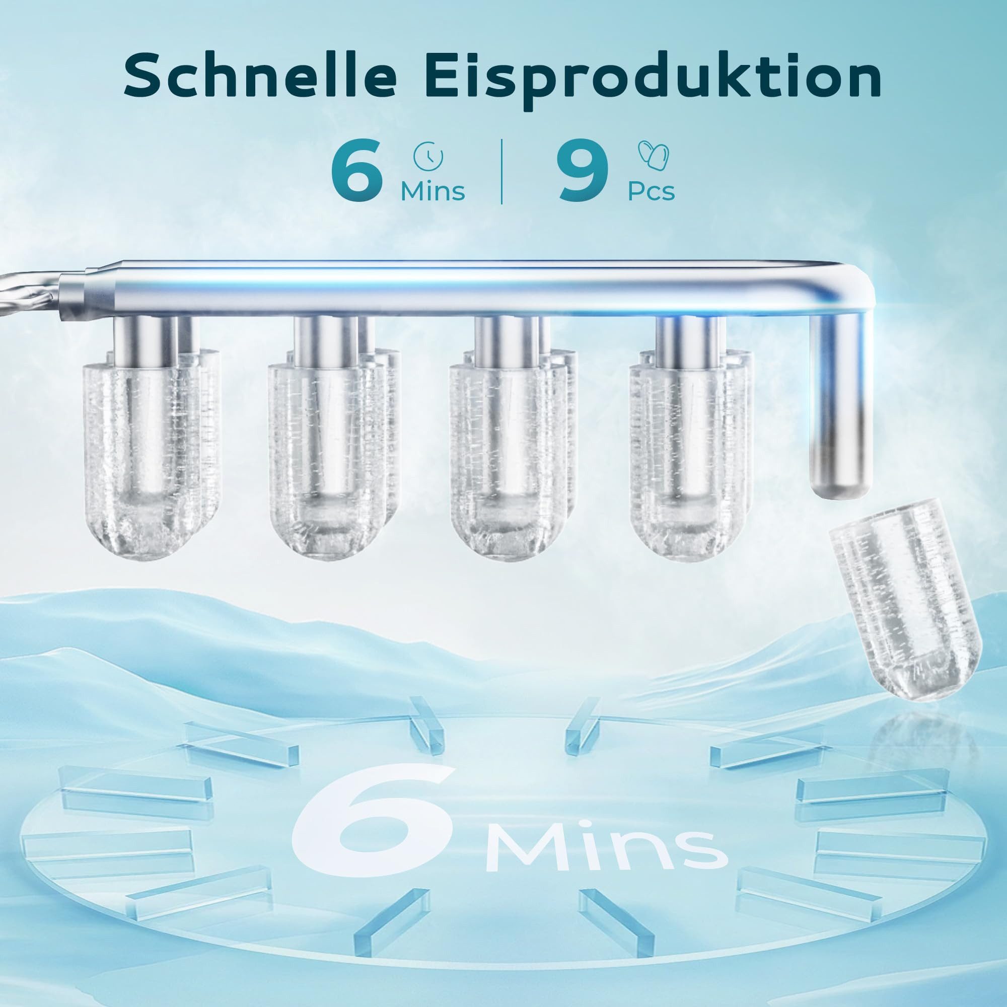 Eiswürfelmaschine 9 Würfel in 6 Minuten, Bullet-Eiswürfelbereiter, 2 Würfelgrößen