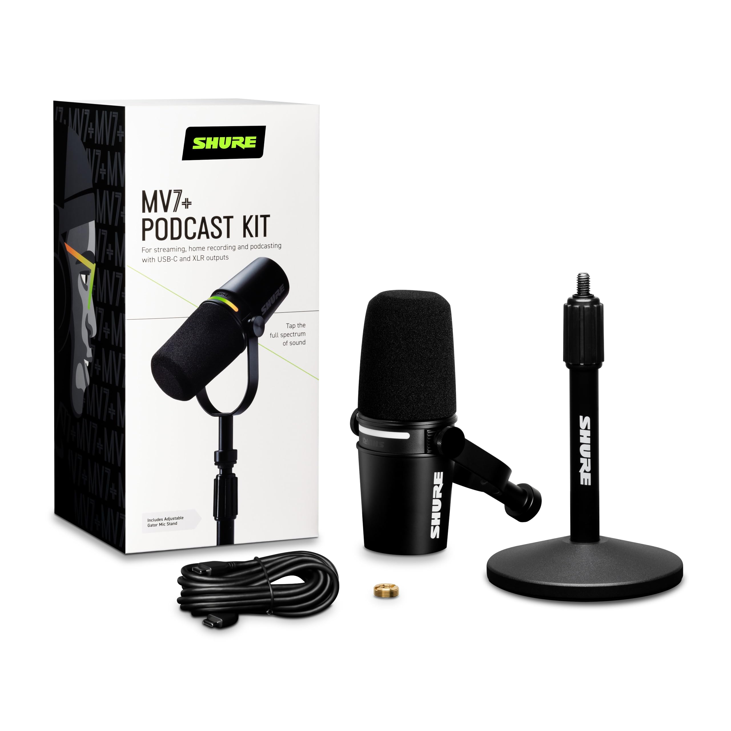 Dynamisches Podcast-Mikrofon MV7+ USB-C XLR mit Mikrofonständer Schwarz für Streaming und Videokonferenzen