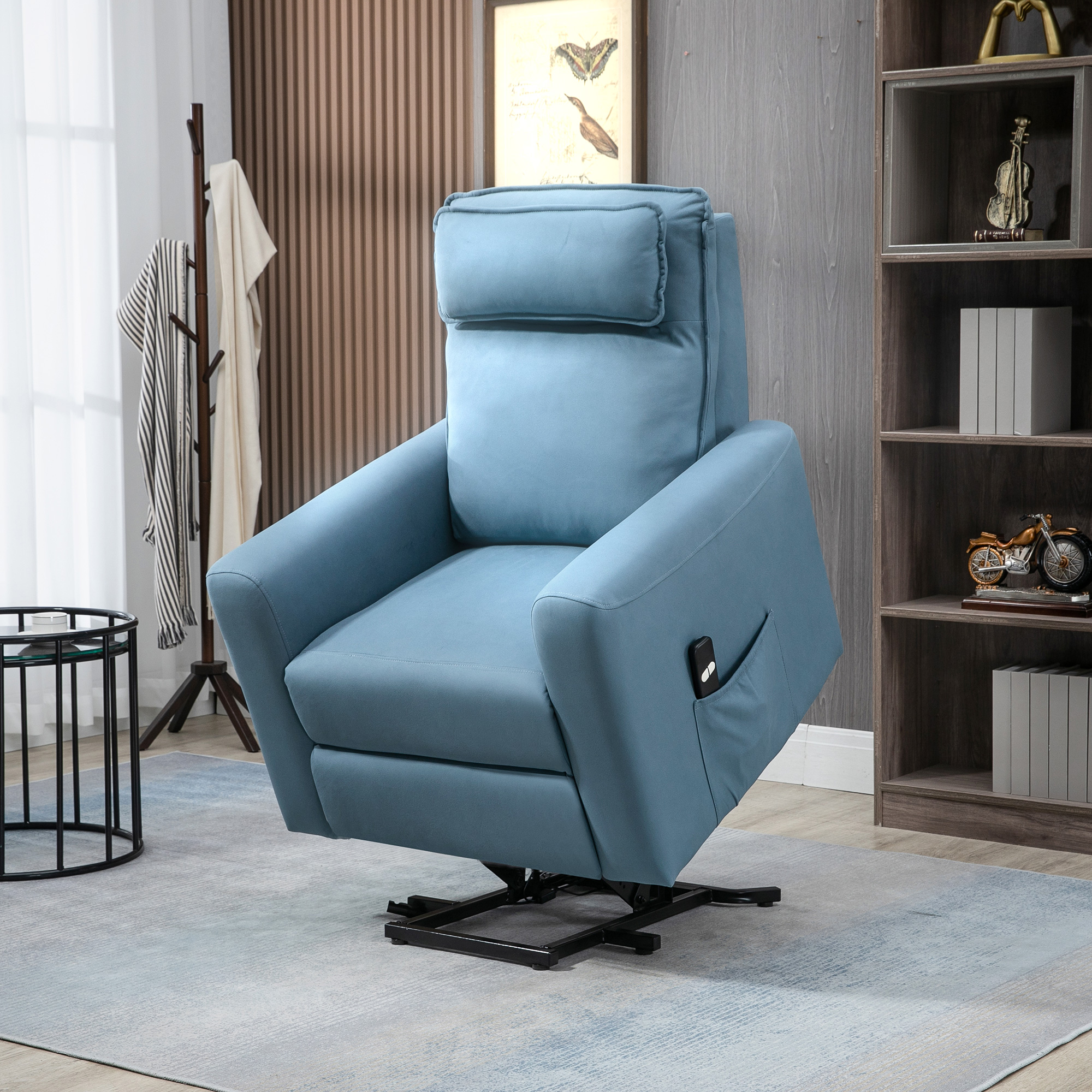 HOMCOM Aufstehhilfe Relaxsessel Fernsehsessel, integrierte Fußstütze, Seitentasche, Kabelfernbedienung, 84 x 89,5 x 105 cm,Blau