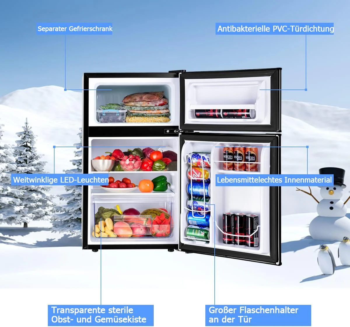 GOPLUS Koelkast met vriesvak - Koel-vriescombinatie / 90L totale inhoud, 27L vriesvak/Thermostaat instelbaar/LED binnenverlichting/Deur kan van kant wisselen (Wit)