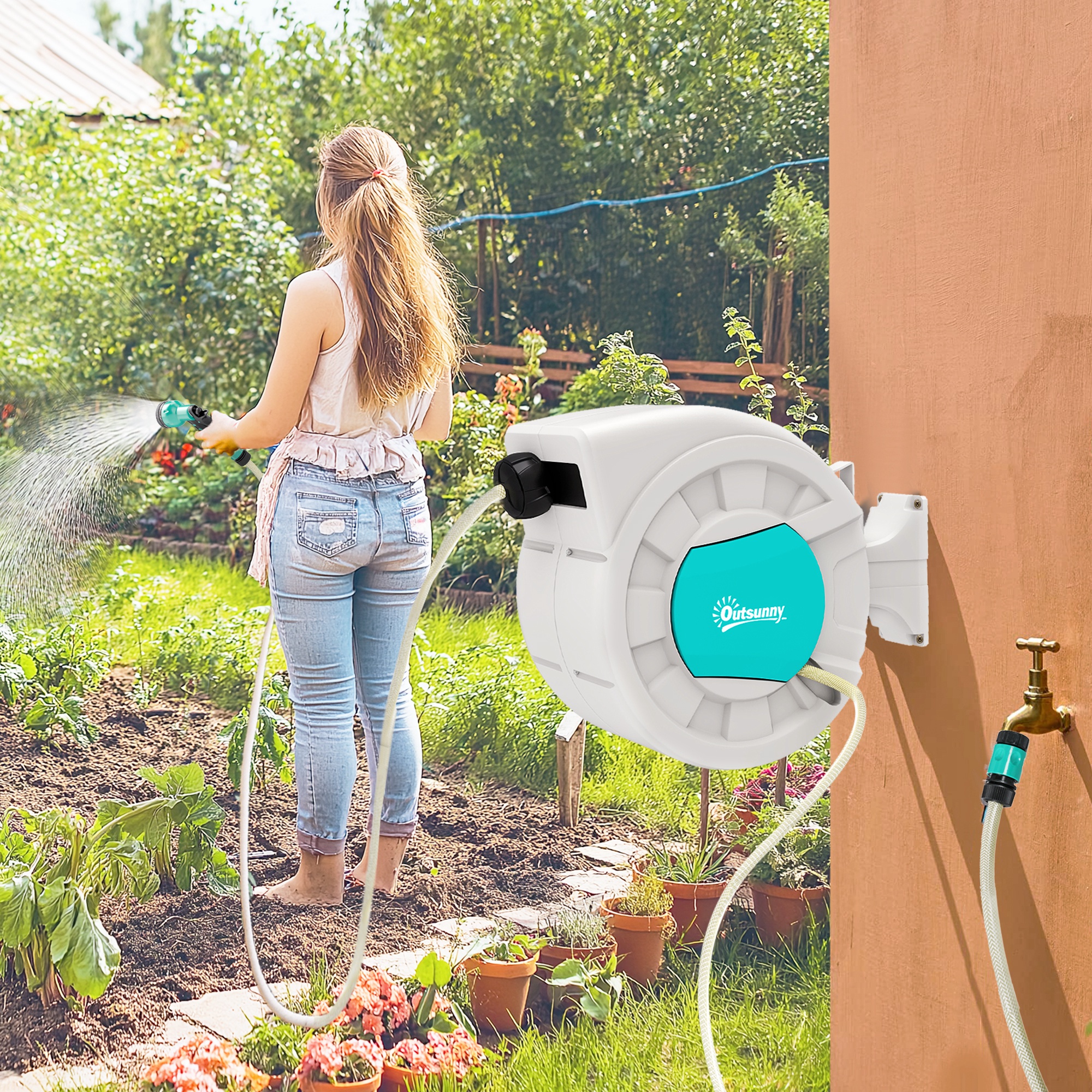 Outsunny Schlauchaufroller Wasserschlauch-Aufwickler 25+2 m Wandhalterung + Griff 180° schwenkbar 55 x 20 x 42 cm Hellgrau
