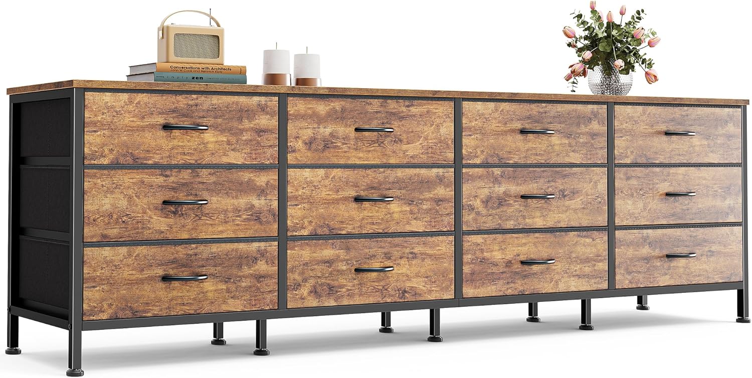Huuger 70 Inch Dresser for Bedroom, TV Stand for 65, 75, 80 Inch TV, 12 Fabric Drawer Long Dresser, Large Entertainment Center for Bedroom, Wide Chest of Drawer with Storage, Rustic Brown