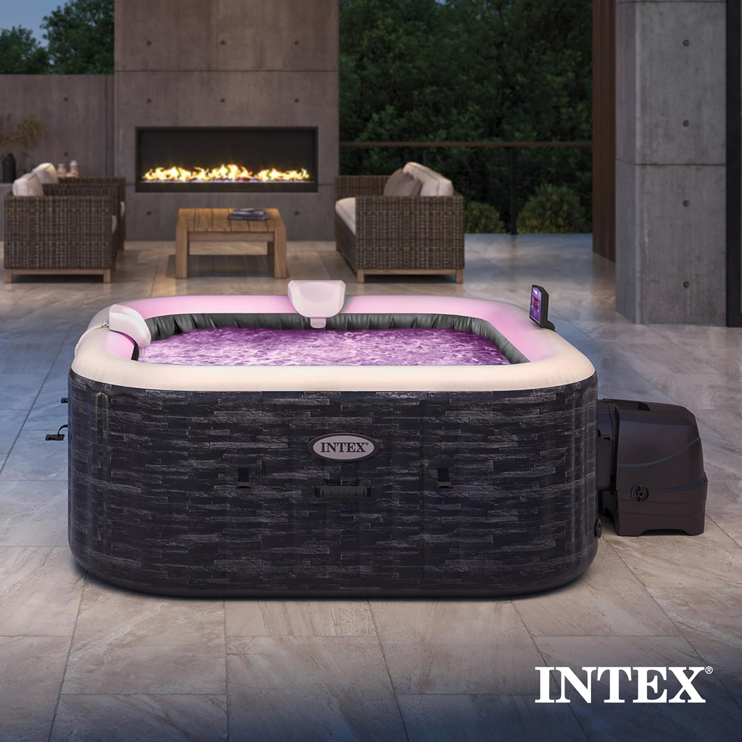 INTEX PureSpa Greystone Deluxe Inflatable Hot Tub  with with Built-in FastFill Inflation System  Spa Control App  and 4 Person Capacity  83