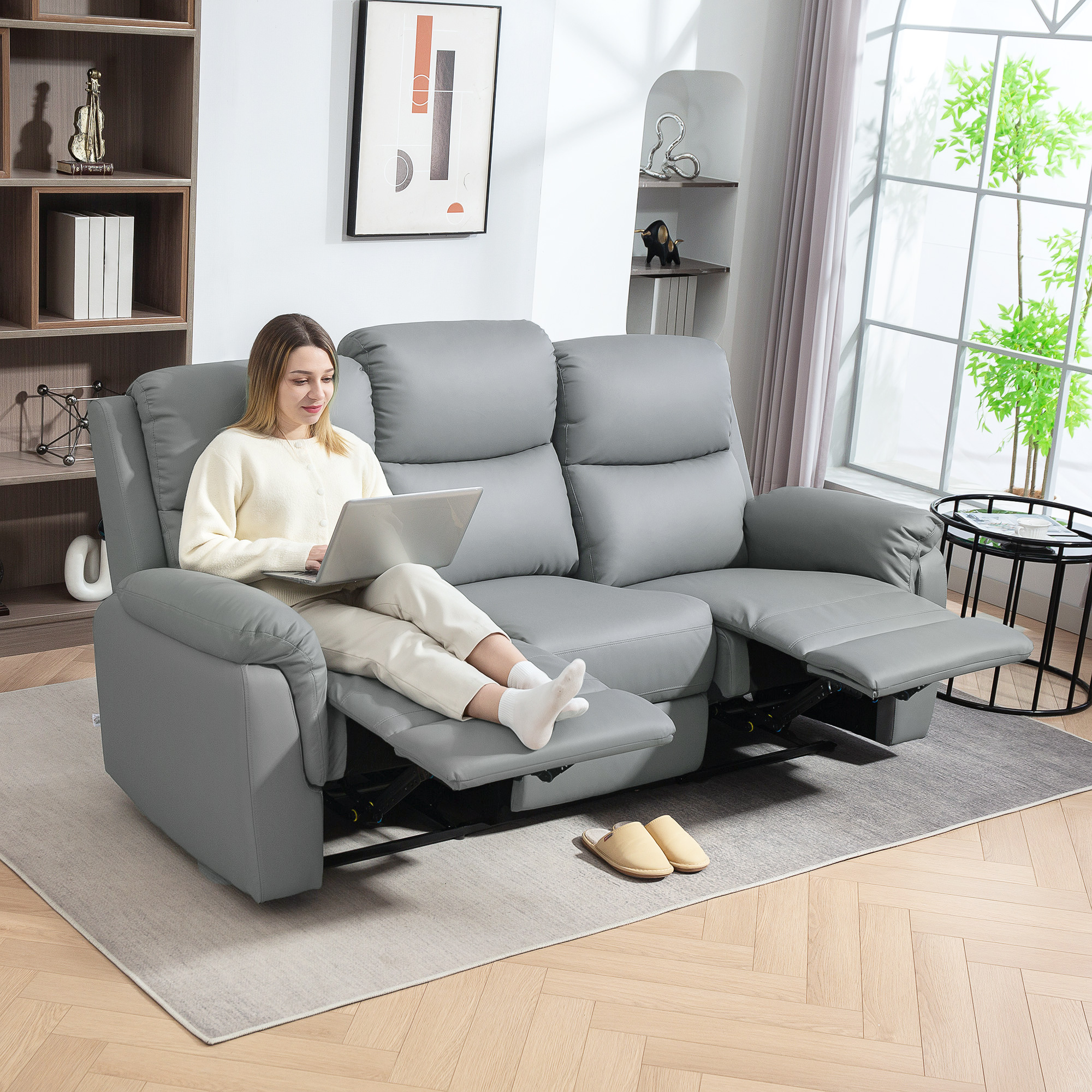 3-zits Sofa, Links en Rechts Leunend, Aanpasbare Voetsteun, Kunstleder, Voor Woonkamer, Donkergrijs