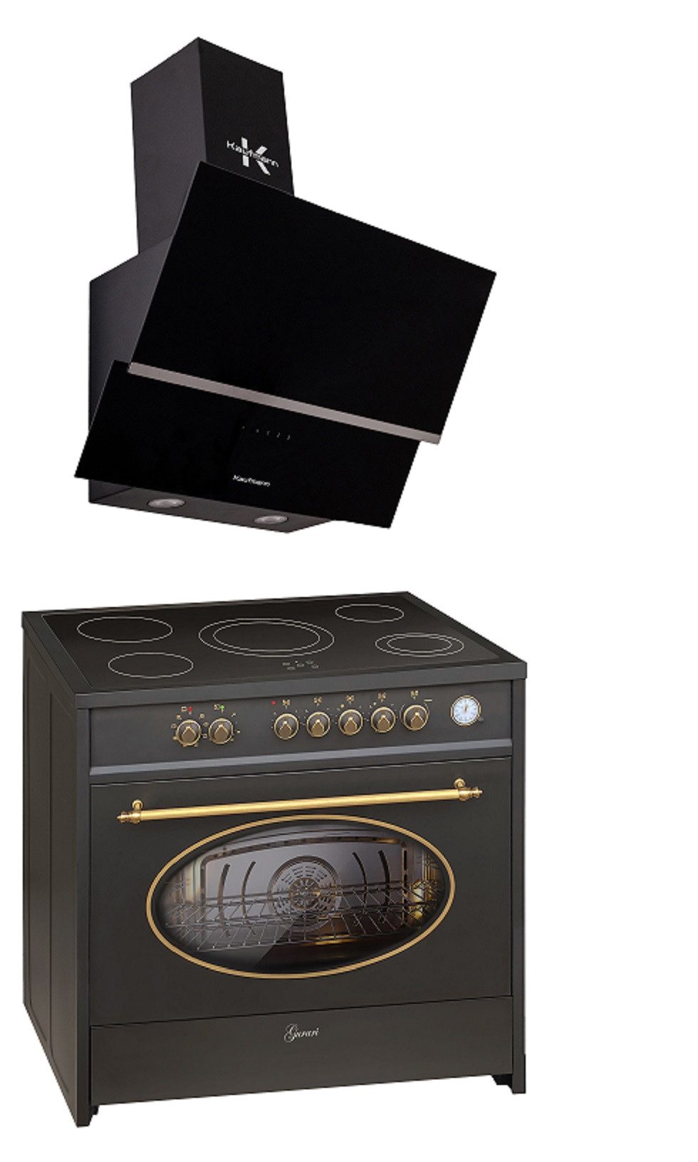 Elektro-Standherd Retro Glaskeramik Herd 90 cm in Schwarz Range Cooker XXL Backofen 121 L mit Kaufmann Dunstabzugshaube 1000 m³/h, 90 cm GCH E 912 Bl r+LUNA 90 BL
