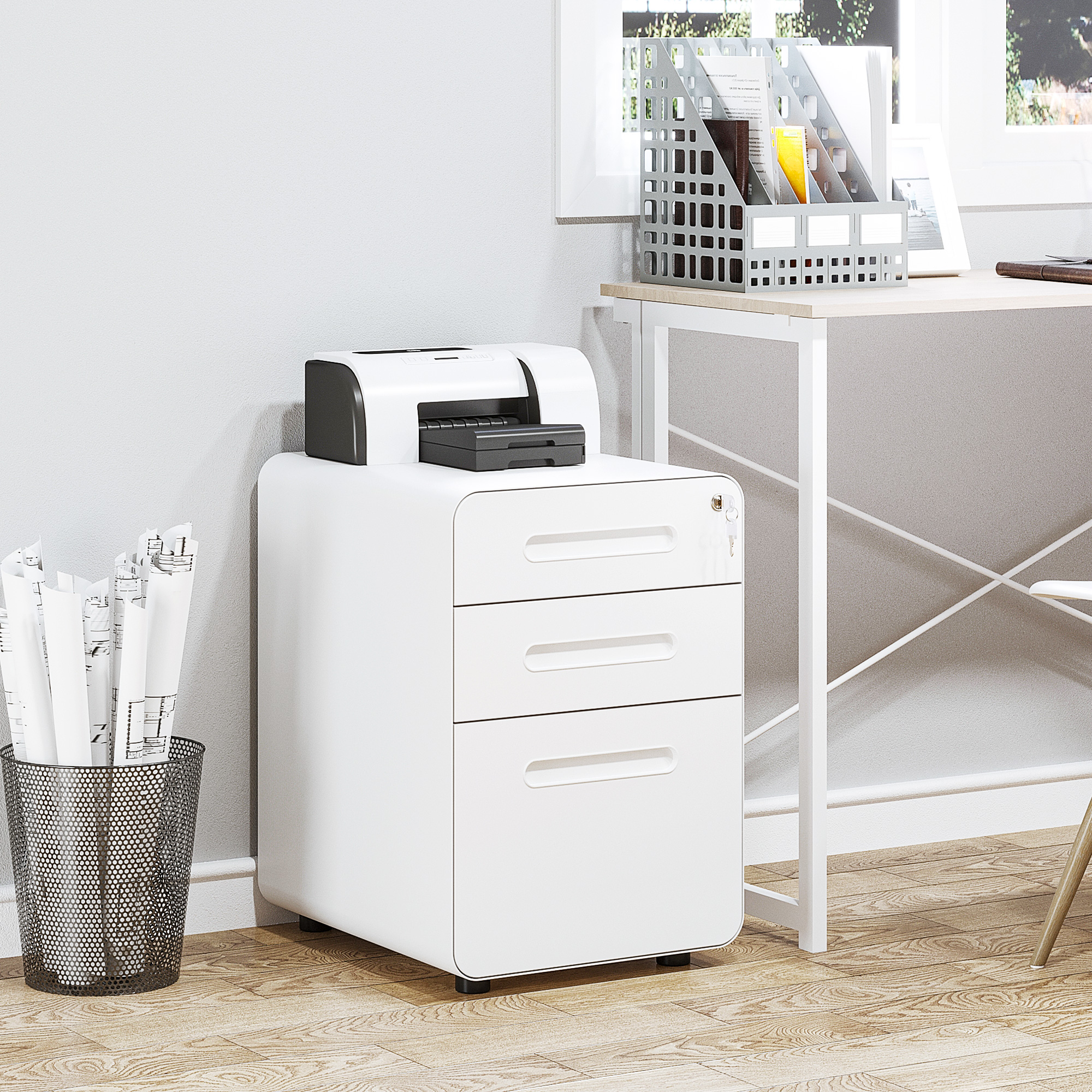 Vinsetto Rollcontainer, Aktenschrank, Bürocontainer mit 3 Schubladen, Büroschrank, Aufbewahrung, Container, Stahl, Weiß, 39 x 48 x 59 cm