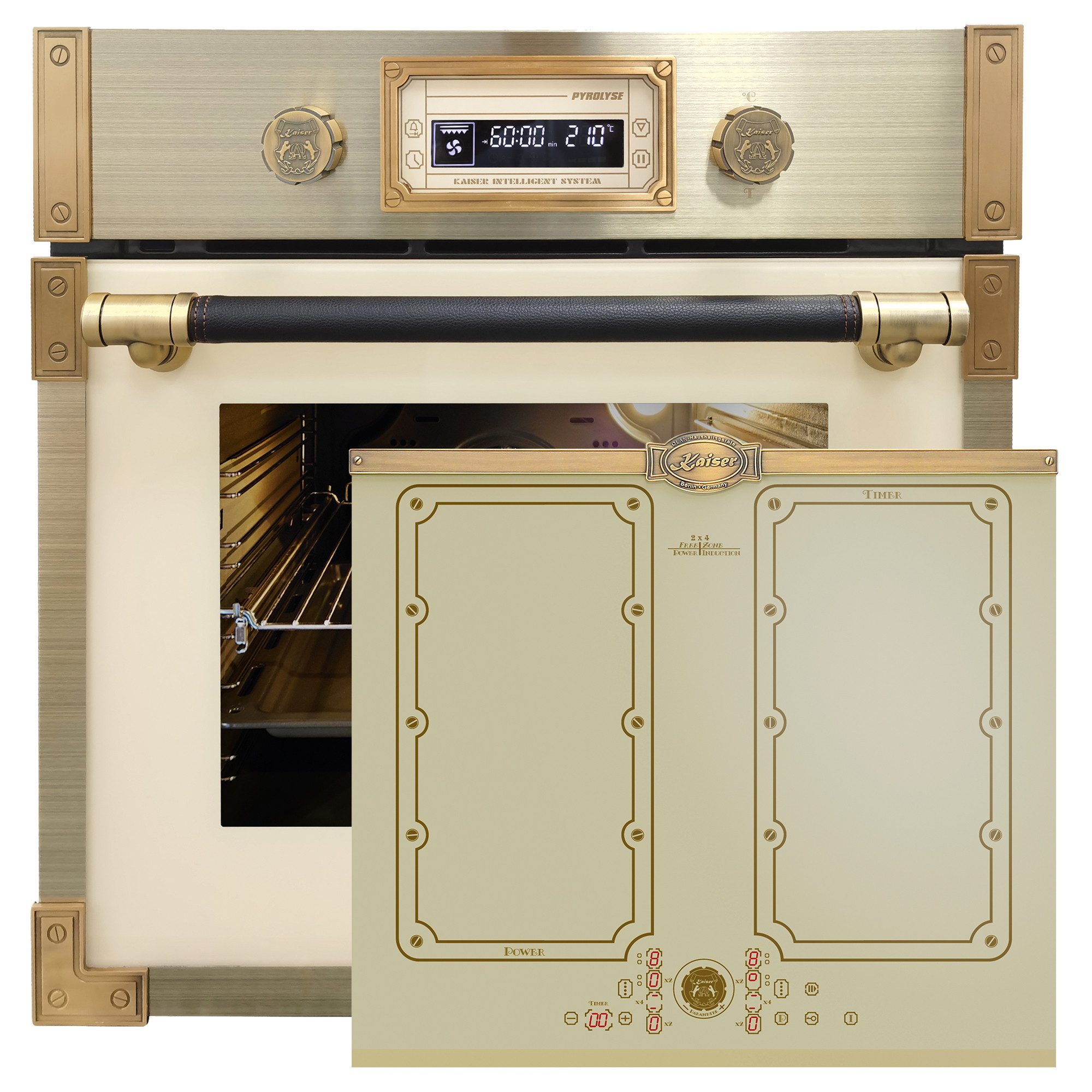 Backofen-Set Herd Set Autark Retro Pyrolyse Einbau Backofen 73L Elfebeinfarbiges Glas 60 cm mit Induktionskochfeld 60 cm FREE ZONE mit 2 FLEX Induktions-Zonen EH 6427 ElfAD+KCT 6192 FI ElfEm.