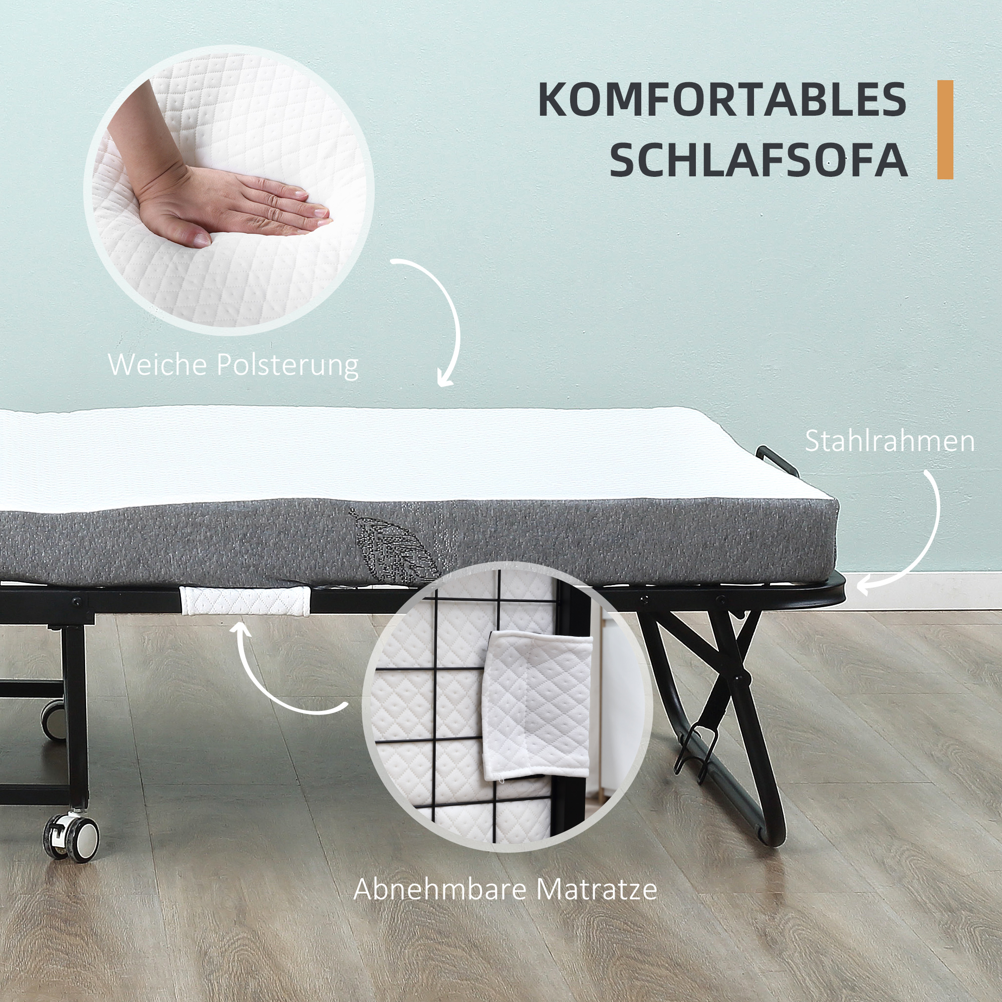 Opklapbaar bed 1 persoons met wielen verstelbaar, tot 150 kg, wit + zwart, 200 x 75 x 42,5 cm | Aosom.nl
