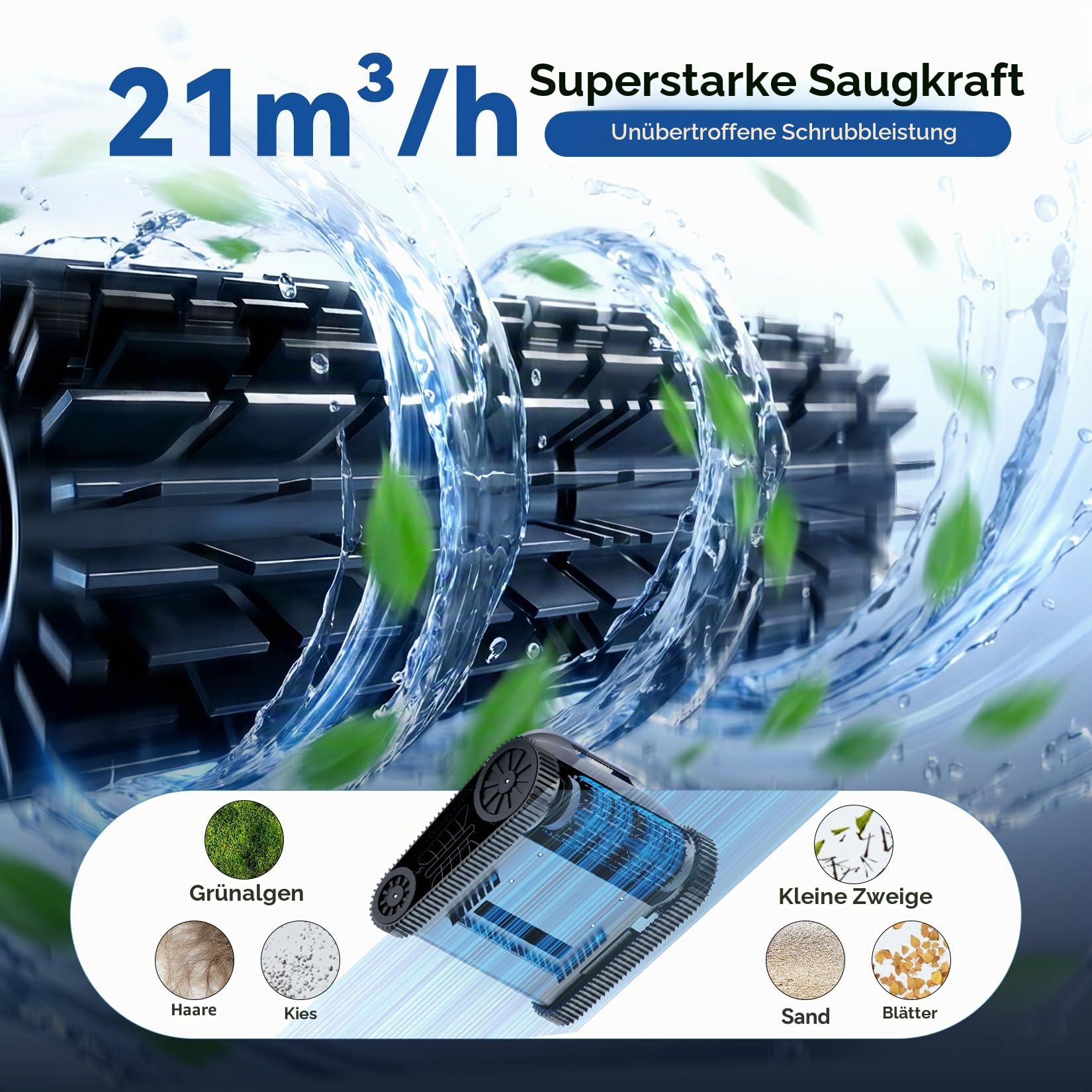 Akku Poolroboter AtlasRobo X5 für Wand, Boden und Wasserlinie, 21 m³/h Saugkraft, 180 Min Laufzeit, bis 300 m²