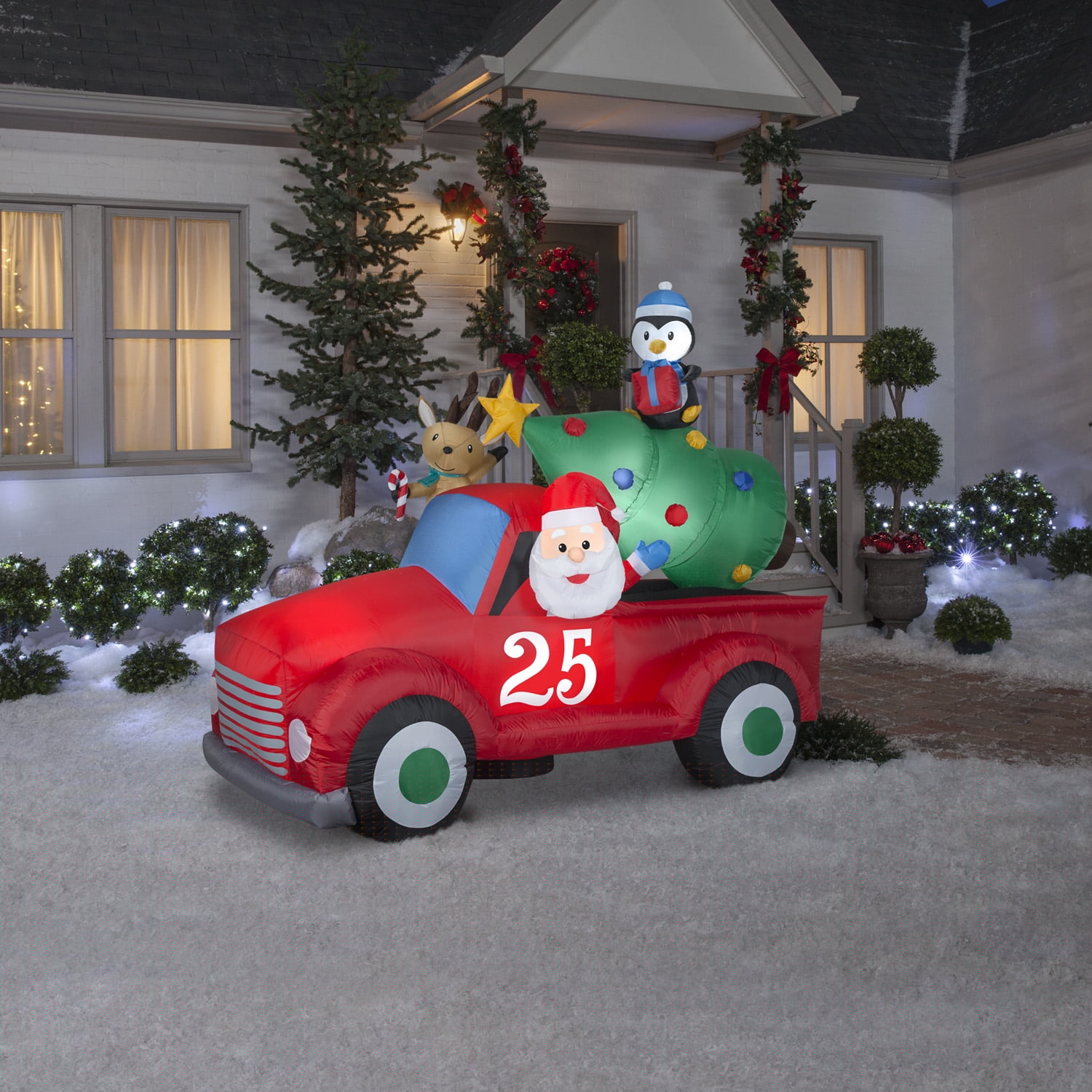 Gemmy Airblown Inflatable Vintage Truck with Santa, Reindeer & Penguin, 6 ft, LED Lights, Christmas Decoration