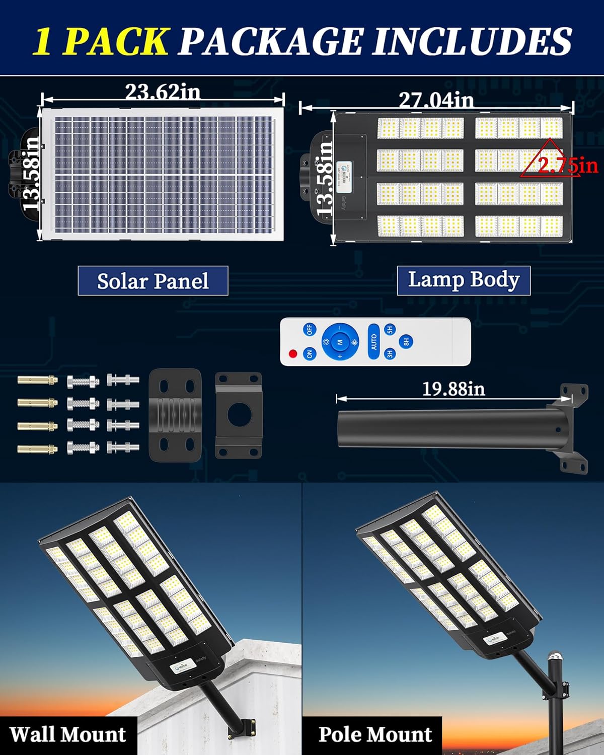 Gefolly SL-7800W Solar Straßenlaterne für Außen -550000LM Solarlampen mit Bewegungssensor, 3000K/4000K/6500K Solarleuchten Dämmerung bis zum Morgengrauen IP67 Solar Wegeleuchte im Freien für Gärten