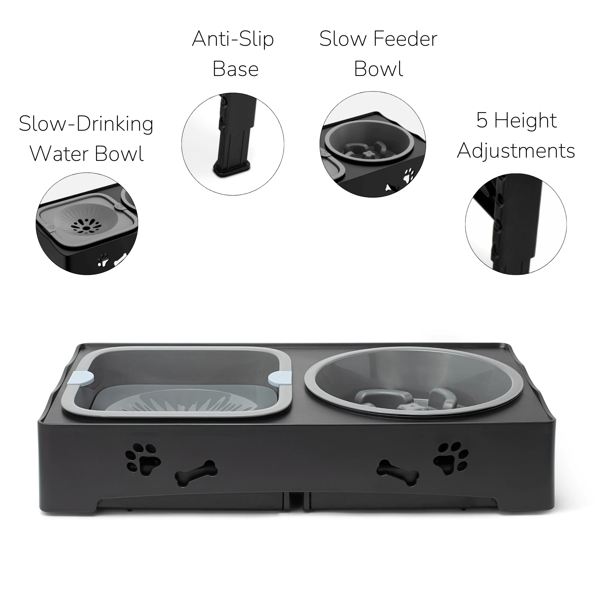 3-in-1 Elevated Dog Bowl Stand �C Slow Feeder, Spill-Proof Water Bowl & 5 Height Settings