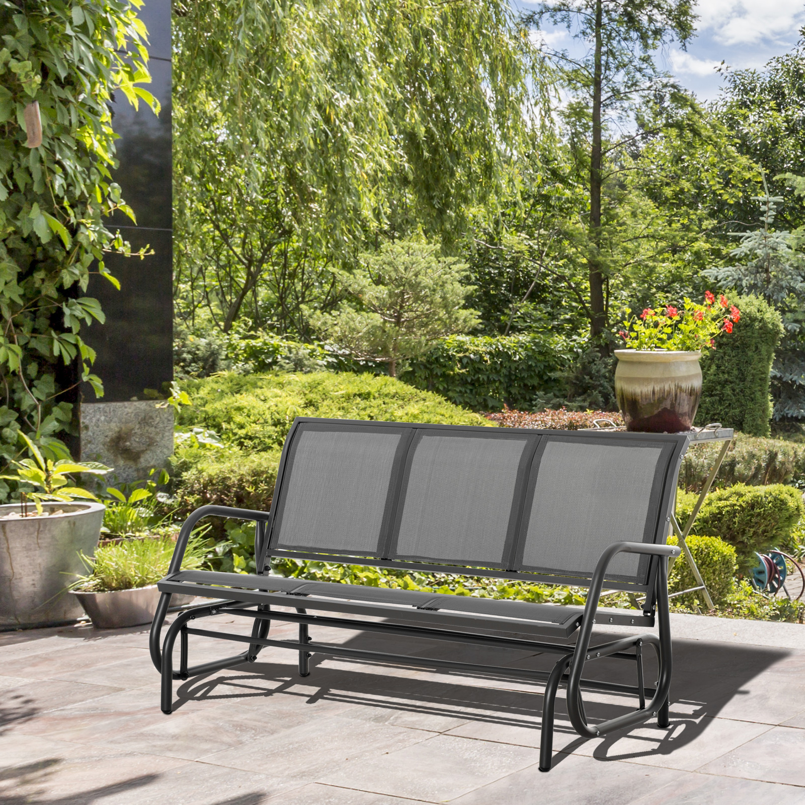 Outsunny Schaukelbank für den Garten für 3 Personen aus Metall und atmungsaktivem Netzgewebe, 147x75x85cm, Grau