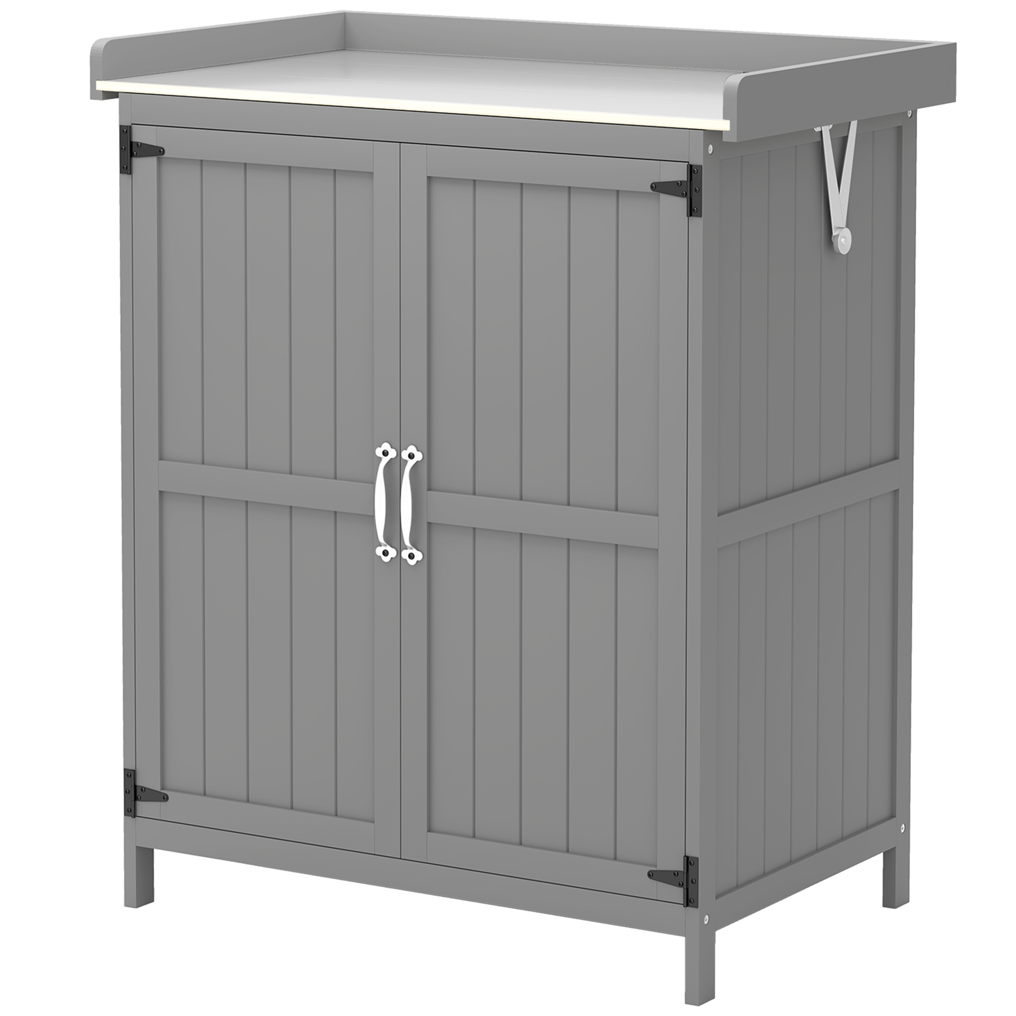 Outsunny Gartenschrank, Werkzeugschrank für den Außenbereich, mit Arbeitsfläche, Holz und Edelstahl, Doppeltüren, Grau