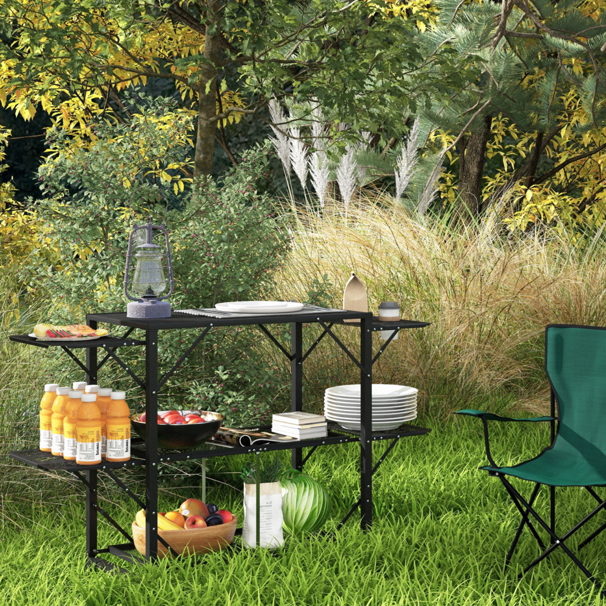 Outsunny Campingtisch Picknicktisch Outdoor-Küchenschrank, klappbar, wetterbeständig, 126 cm x 44 cm x 80 cm, Schwarz
