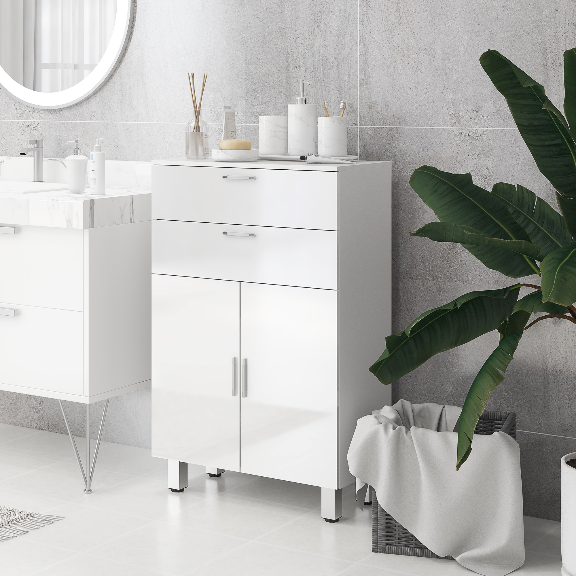 kleankin Badezimmerschrank, Badkommode, 2 Schubladen, verstellbares Regal, Holz, Weiß
