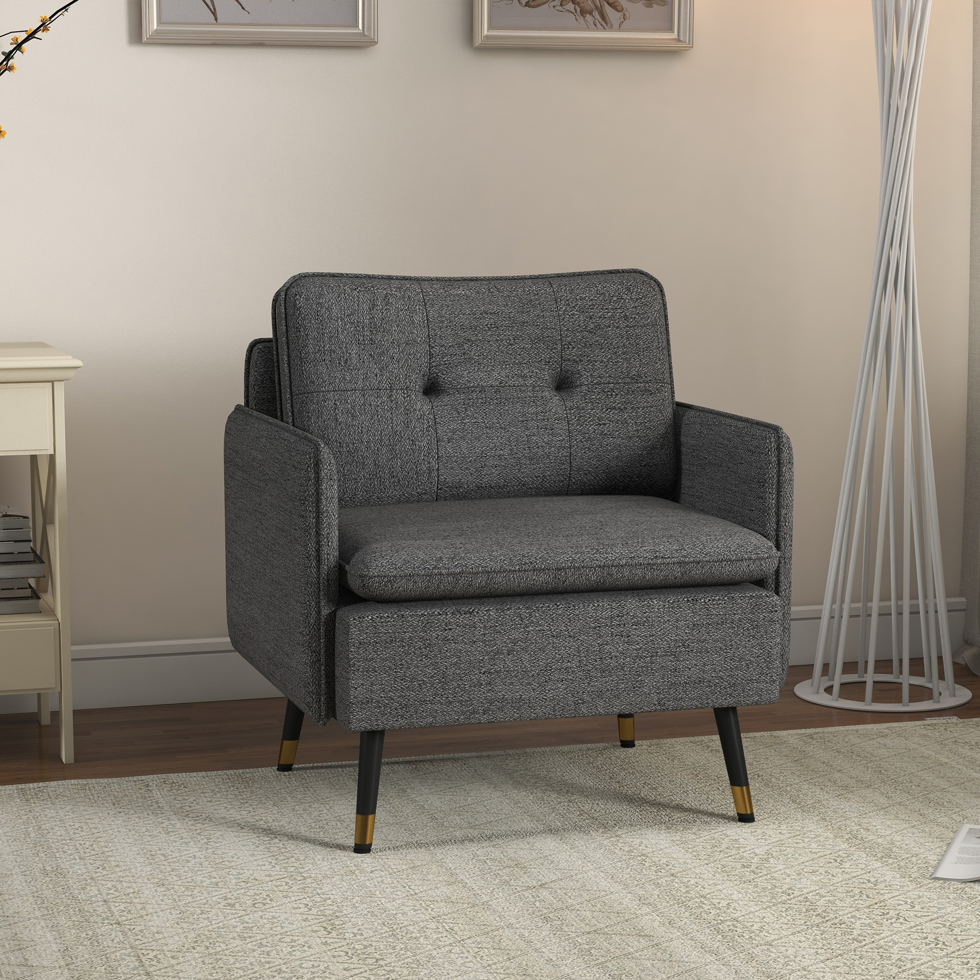 HOMCOM Skandinavischer Sessel mit gepolstertem Rücken und Paspel aus Stoff 76 x 68 x 80 cm Grau und schwarze Metallbeine mit goldenen Details