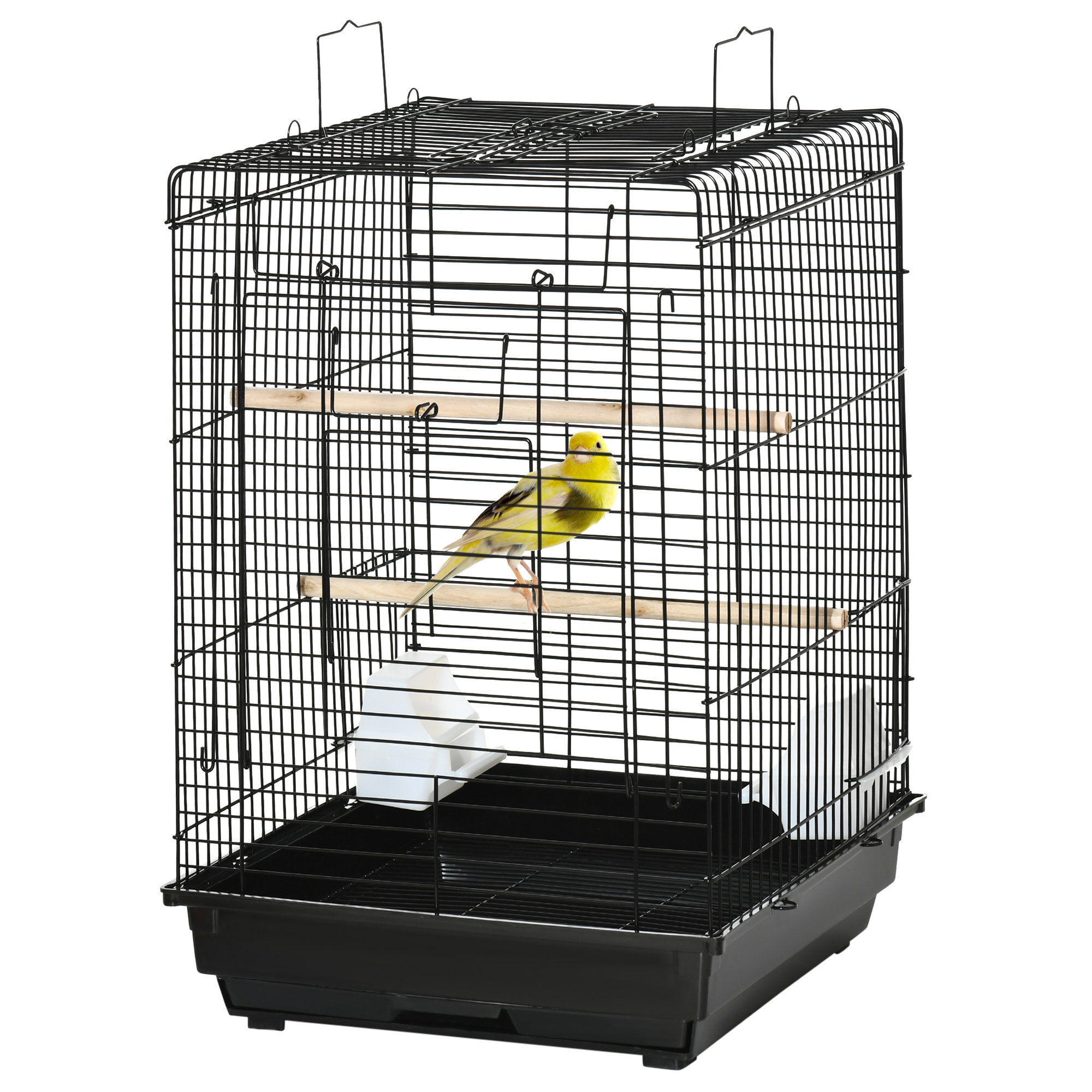 PawHut Vogelkäfig aus Metall mit Futtertränken, Sitzstangen, abnehmbarem Tablett, Griff, Größe 40L x 40B x 59H cm, Schwarz