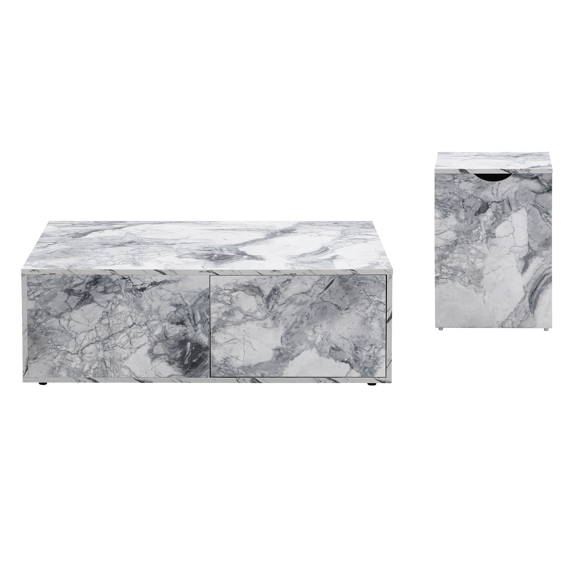 Modulares Couchtisch-Set in Marmoroptik, 2-teilig, flexibel und stilvoll für Wohnzimmer und Balkon, Weiße und cyanfarbene Marmorstruktur