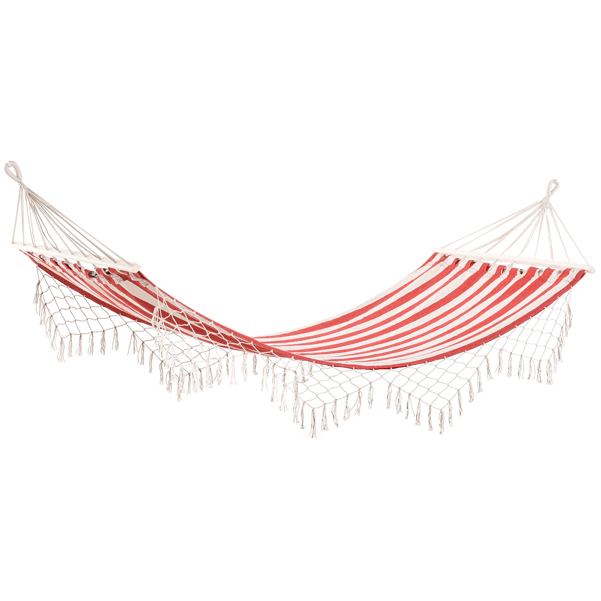Outsunny Reisehängematte im Hippie Chic Stil Hängematte Maße 2L x 1B m Baumwolle Polyester Rot Creme gestreift