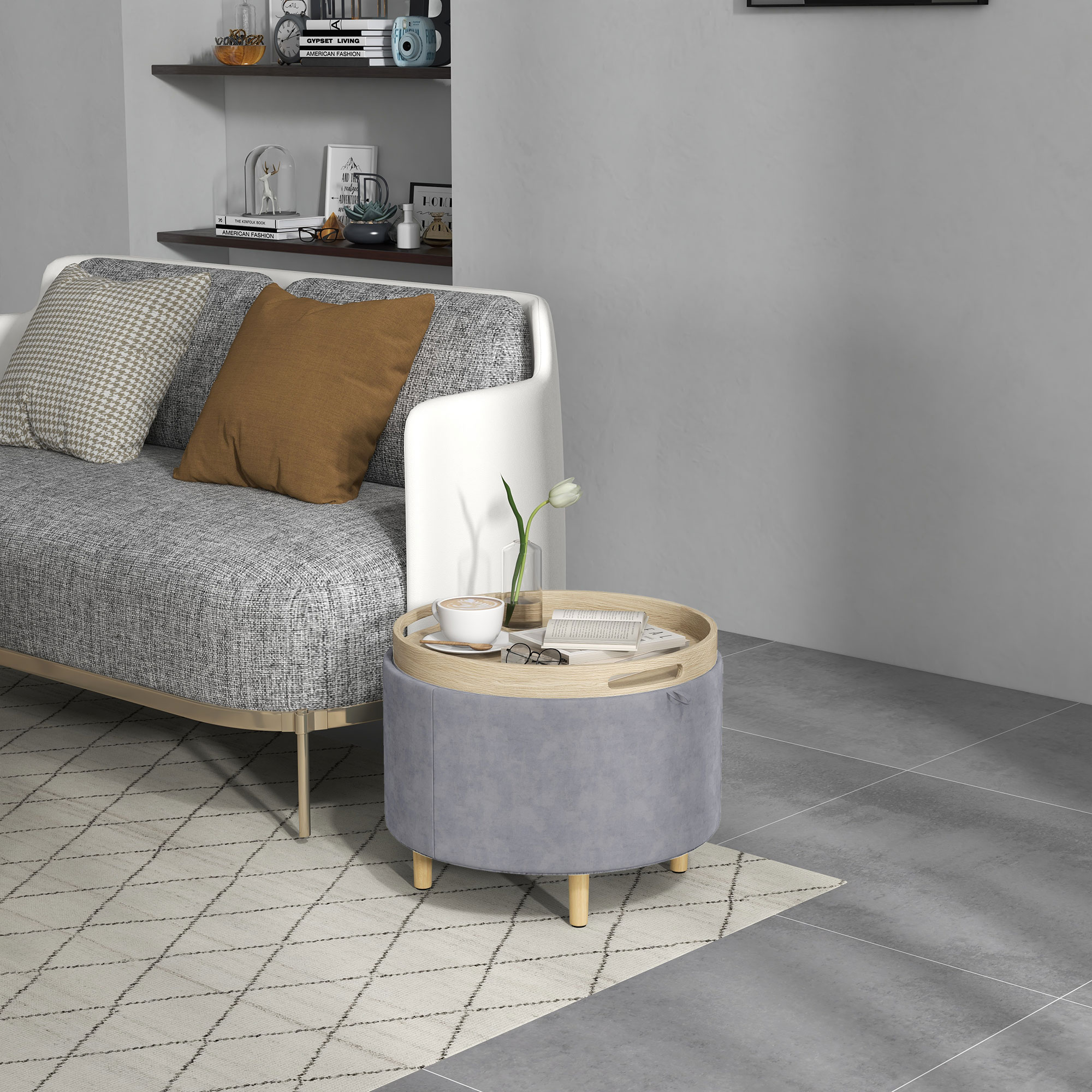 HOMCOM Aufbewahrungshocker aus Samt mit 120 kg max mit Umklappbarem Tablett, aus MDF und Eiche, 56x56x42 cm, Grau