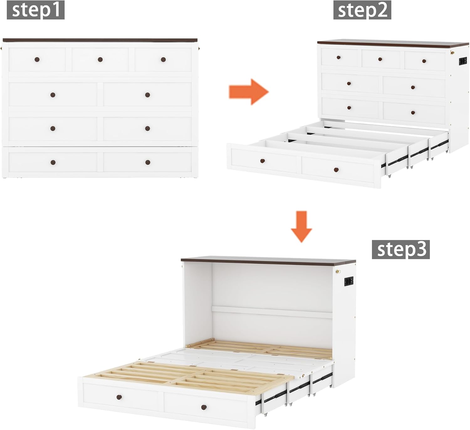 Schrankbett, 140 x 200, Mobiles Schrankbett mit Schubladen am Bettende und Regal am Kopfende des Bettes, mit USB und Steckdose, Umbaubares Plattformbett, Ohne Matratze, weiß