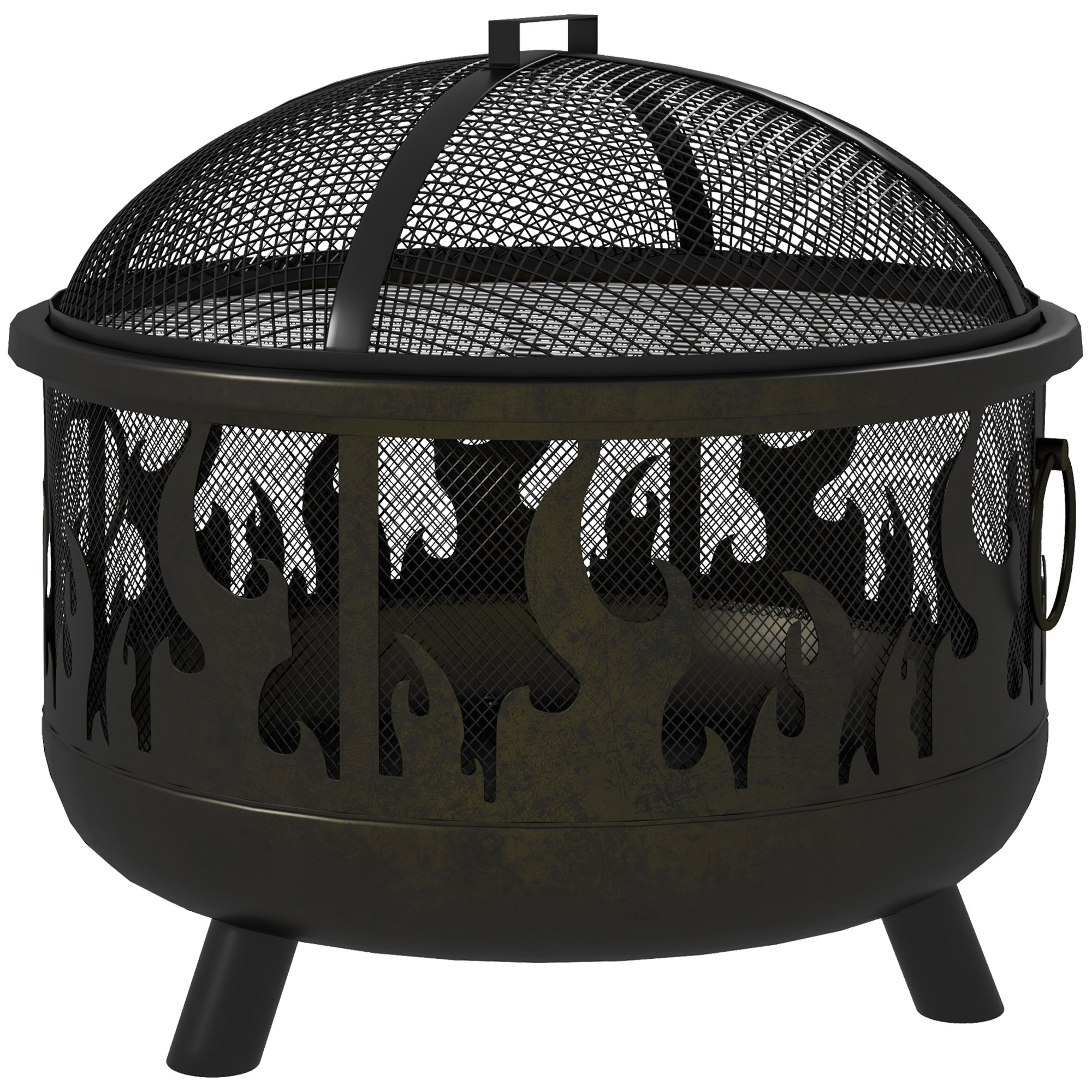 Outsunny Feuerschale Feuerstelle, inkl. Funkenschutz, 1 Schürhaken, Ø61,5 cm x 52 cm, Schwarz