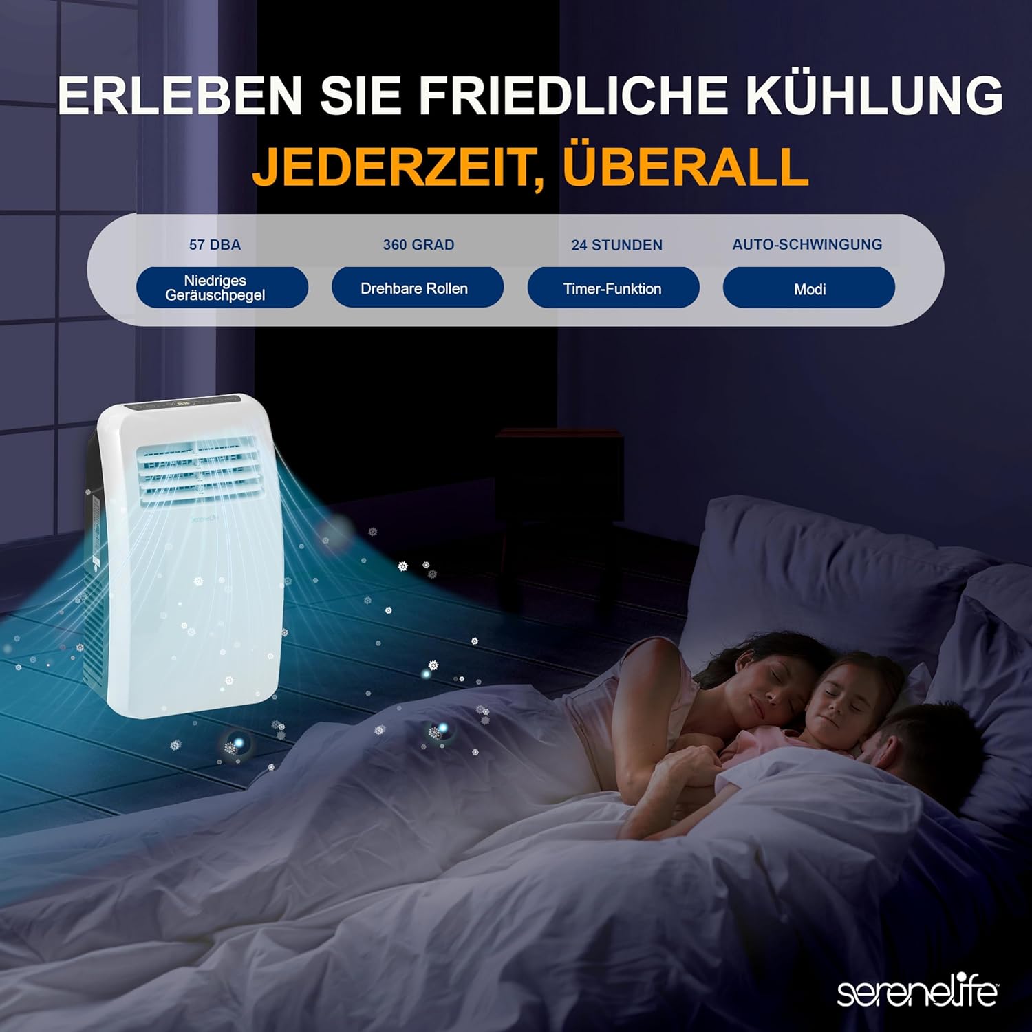 SereneLife Mini Klimaanlage mobil, 3-in-1 mobiles Klimagerät mit Abluftschlauch – Luftkühler, Luftentfeuchter & Ventilator, Air conditioner – 9.000 BTU, 1,5L Feuchtigkeit/Stunde, kühlt Räume bis 42 m2