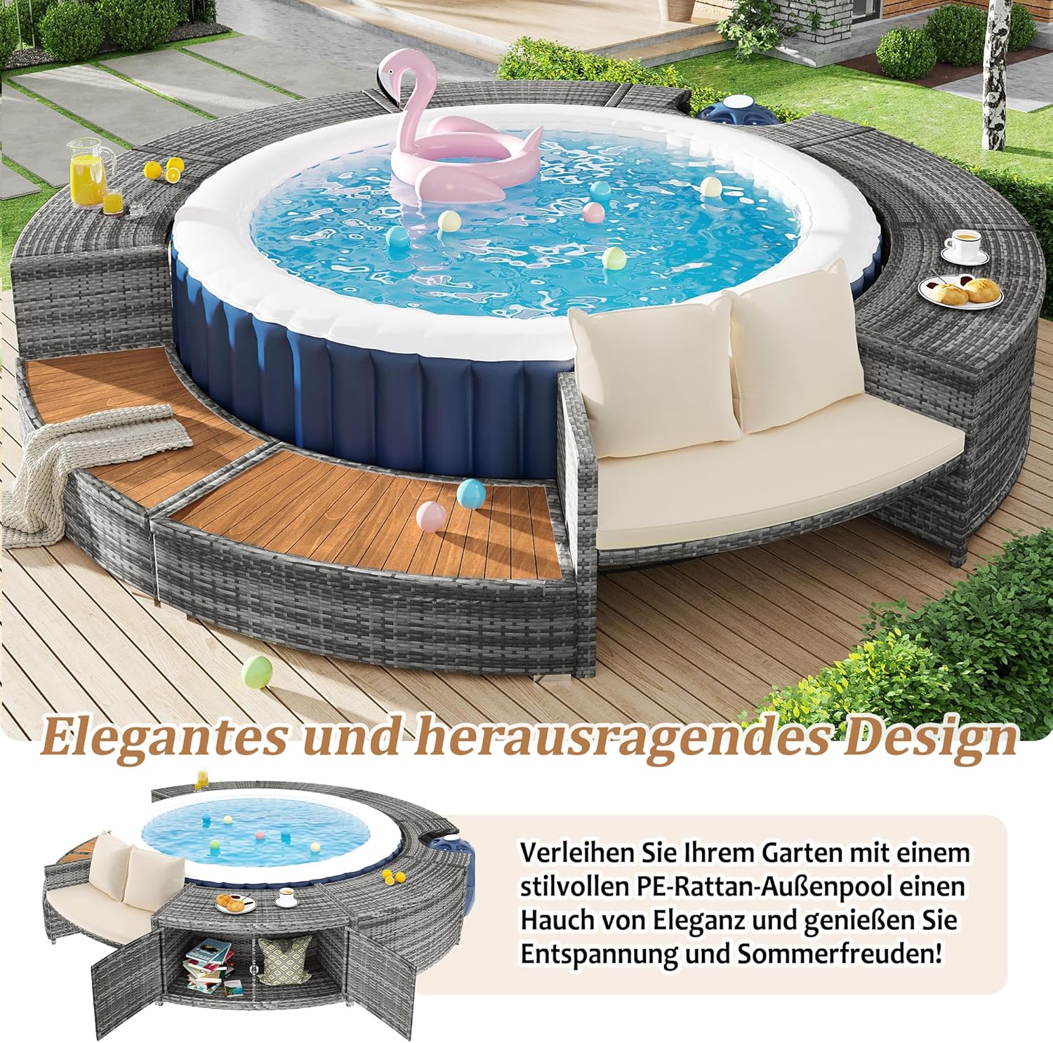 Soweiz Poolumrandung, Spa-Pool, Gartenmöbel-Set, PE-graues Rattan und Akazienholz, mit Stauraum, Lounge-Set, mit verstellbaren Füßen, inklusive Kissen, für Whirlpool und Pool