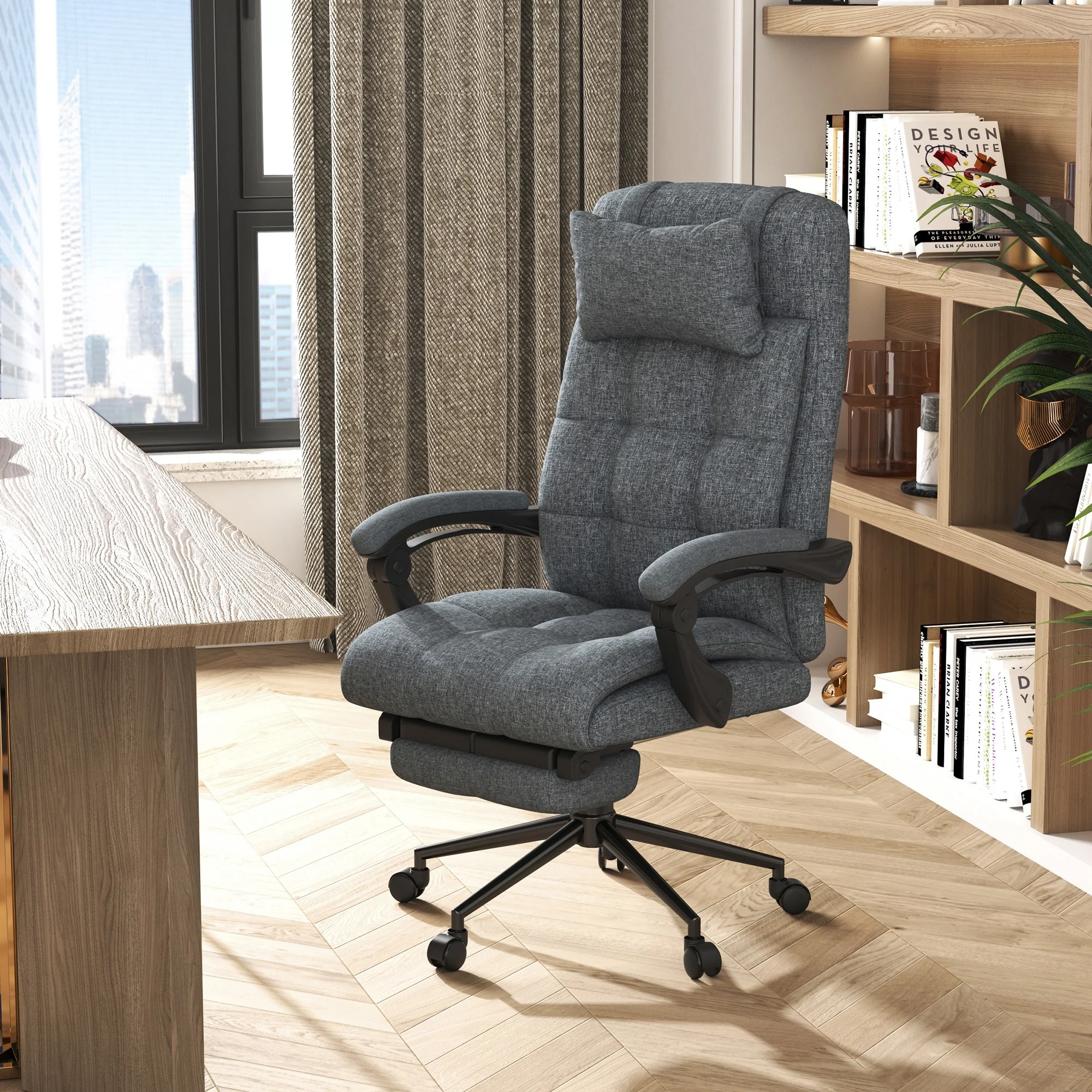 Easycomfort Sedia da Ufficio Ergonomica Reclinabile, Sedia Direzionale con Schiena Alta, Poltrona Ufficio con Poggiatesta e Poggiapiedi Estraibile, 66x76x112-120cm, Grigio