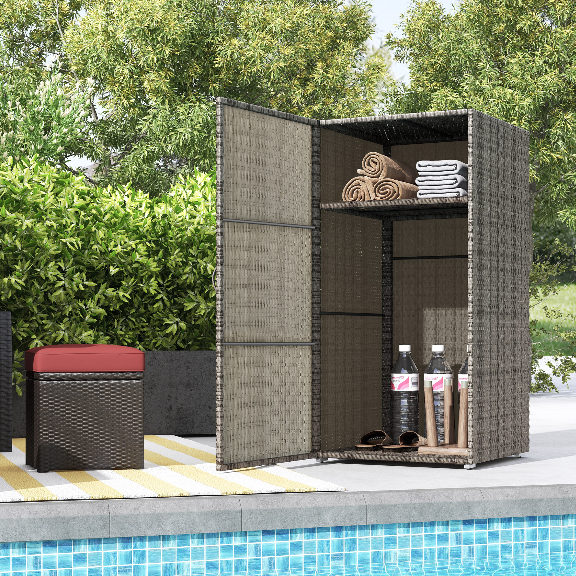 Outsunny Gartenschrank aus PE-Rattan mit 2 Fächern, 60x63x120cm, Grau