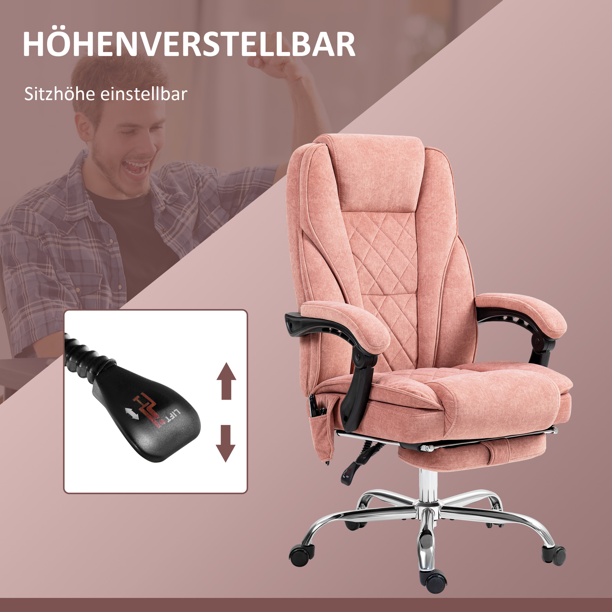 Vinsetto Ergonomische Bureaustoel met Massagefunctie, Voetensteun, Draaibaar, Rolbaar, Roze