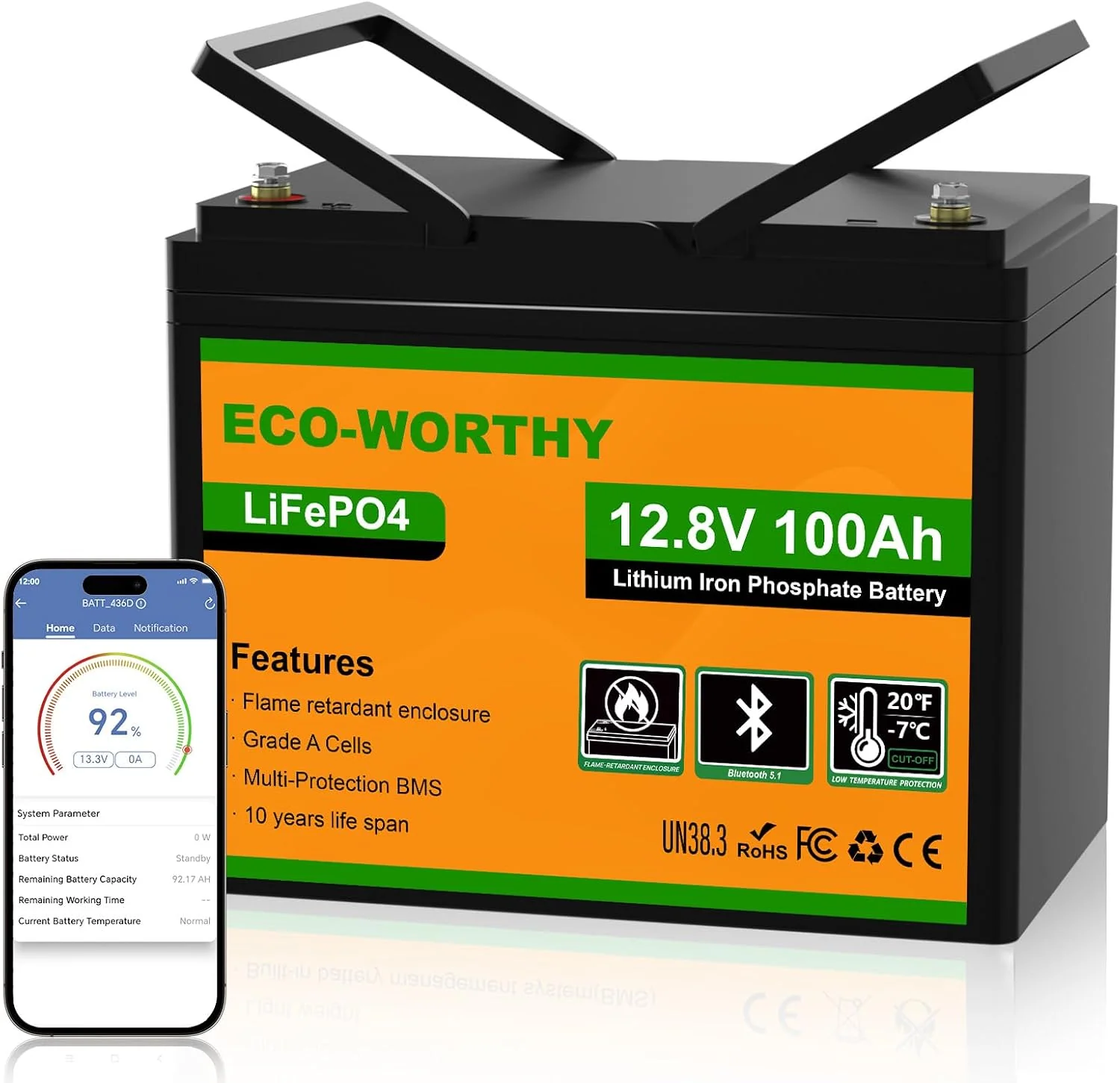 ECO-WORTHY Deep-Cycle-Batterien, 1280 Wh, 100 Ah, 12 V, Schwarz/Orange/Grün, LiFePO4 Bluetooth mit 100A BMS Low Temperature Schutz