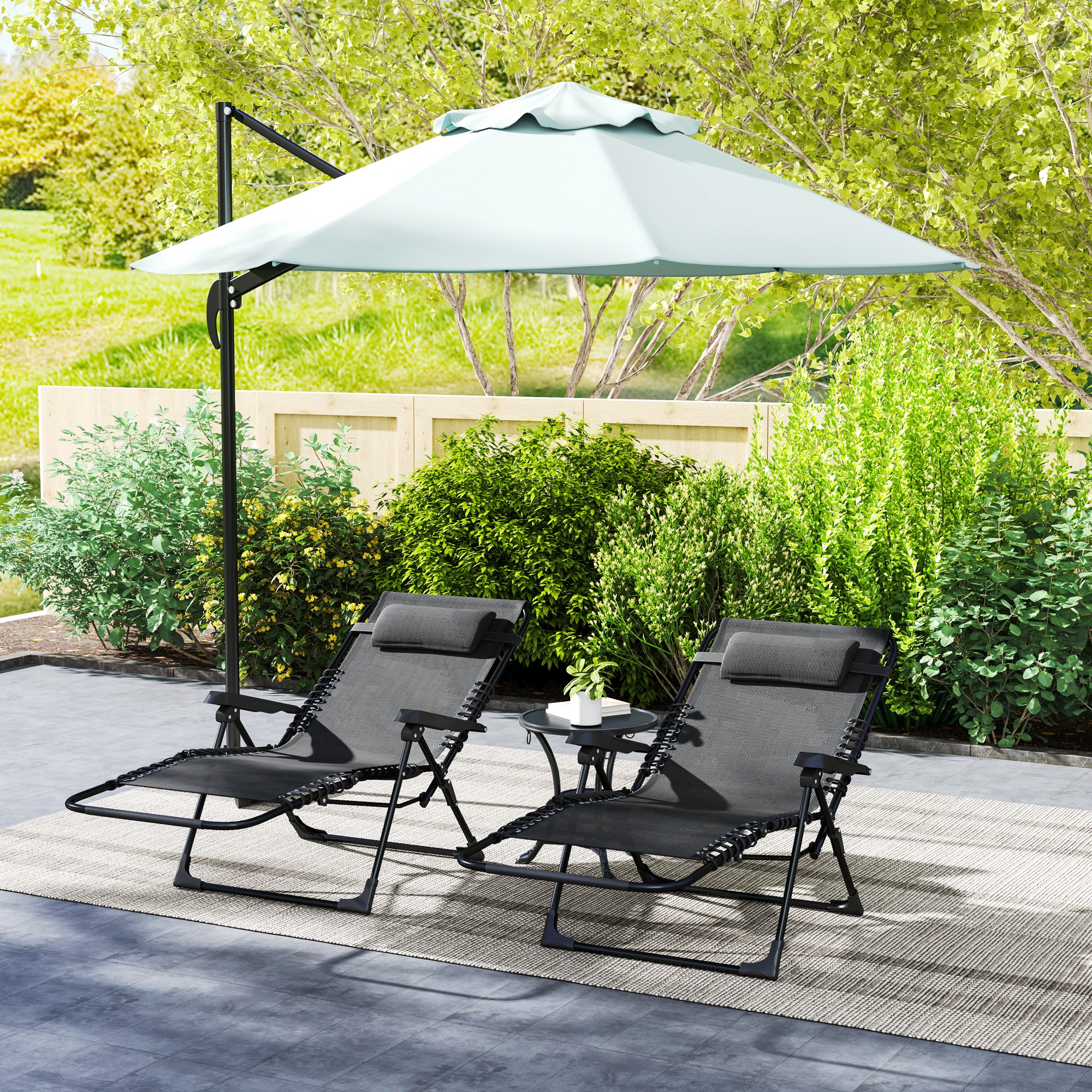 Outsunny Set mit 2 Sonnenliegen, klappbare Liegestühle mit verstellbarer Rückenlehne und Kopfkissen aus Textilene, 90 x 65 x 112 cm, Schwarz