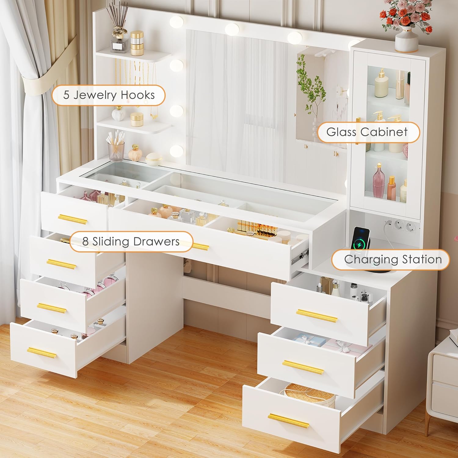 ANWBROAD BDT88W Large Makeup Table with Lights and Mirror, Adjustable Brightness, Make-up Vanity with Glass Top and Sockets on 8 Drawers 3 Open Shelves 5 Hooks Modern White