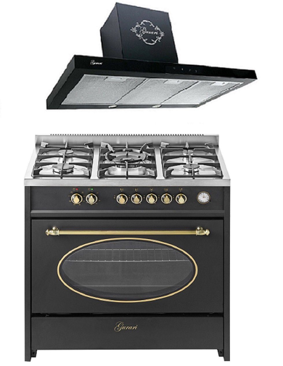 Gas-Standherd Retro Gas Elektro Standherd 90 cm, 121Lmit Dunstabzugshaube 90 cm GCH E 914 BL r+GCH F 462 BL 9 Prime